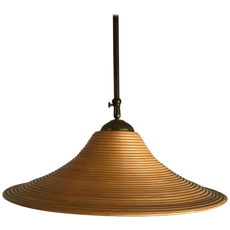 Handcrafted MidCentury Modern Rattan Pendant Light w. Adjustable Brass