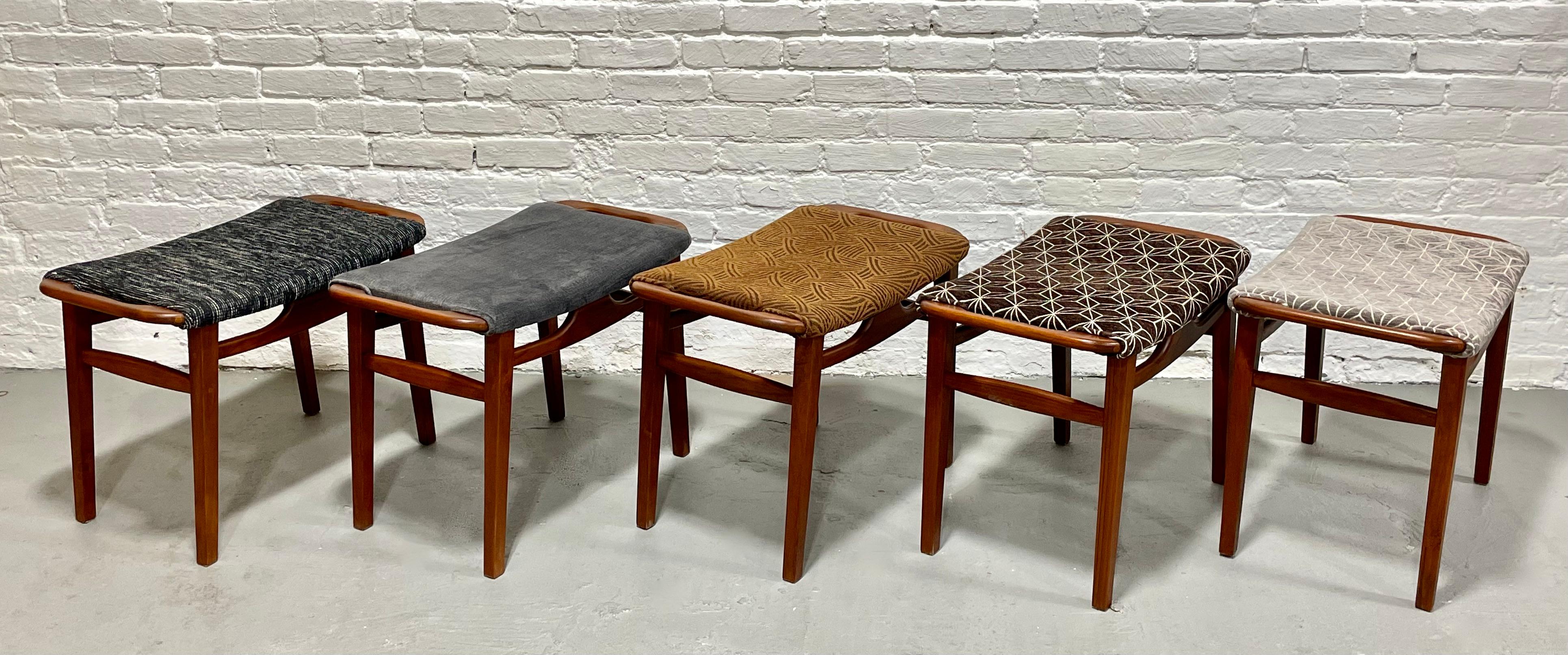 Handcrafted Mid Century Modern styled Ottoman / Footstool, available in 5 pattern / color options. Handmade from solid reclaimed teak.  The gorgeous fabric contrasts nicely with the solid teak wood legs and frame. Perfect as a footstool to your