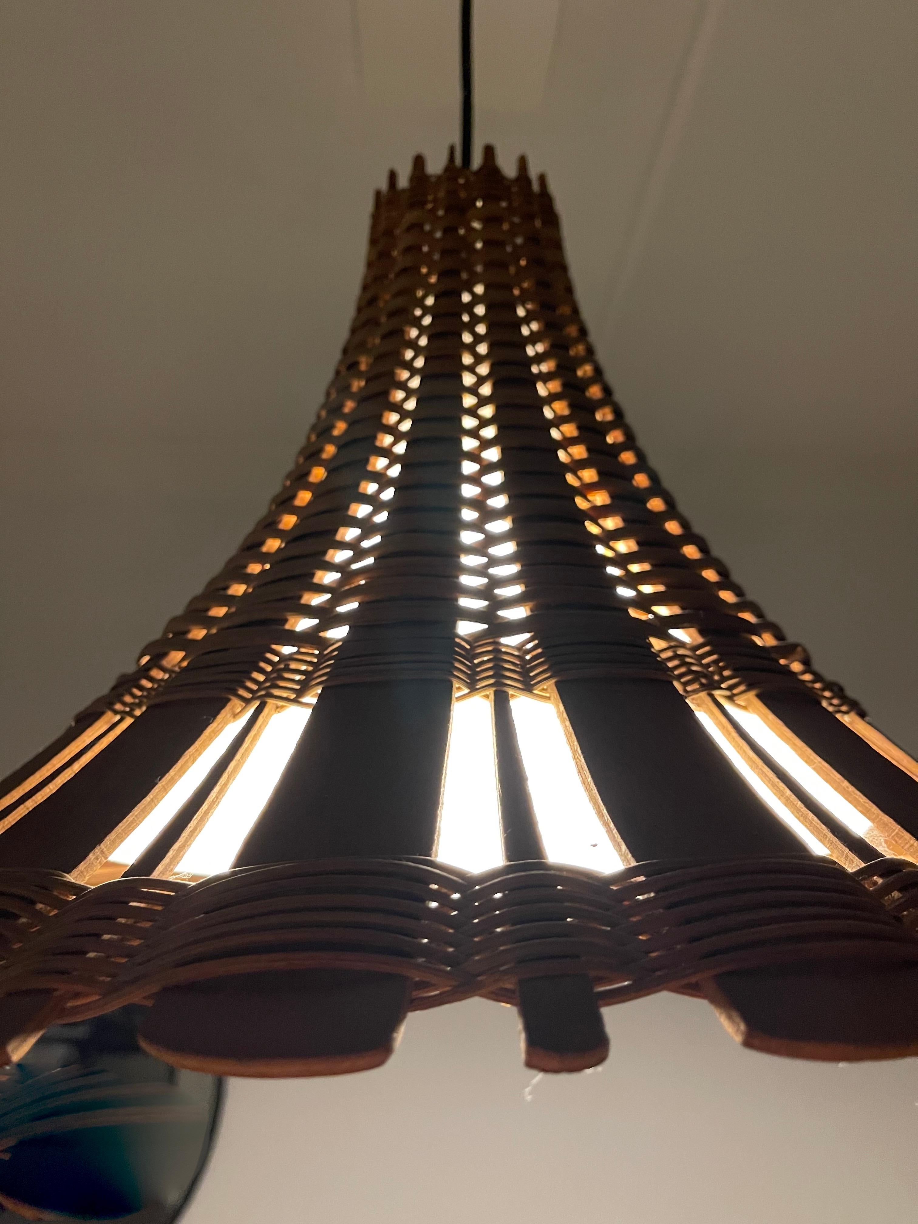 Handcrafted Mid-Century Modern Wicker, Rattan & Milk Glass Shade Pendant Light In Good Condition In Lisse, NL