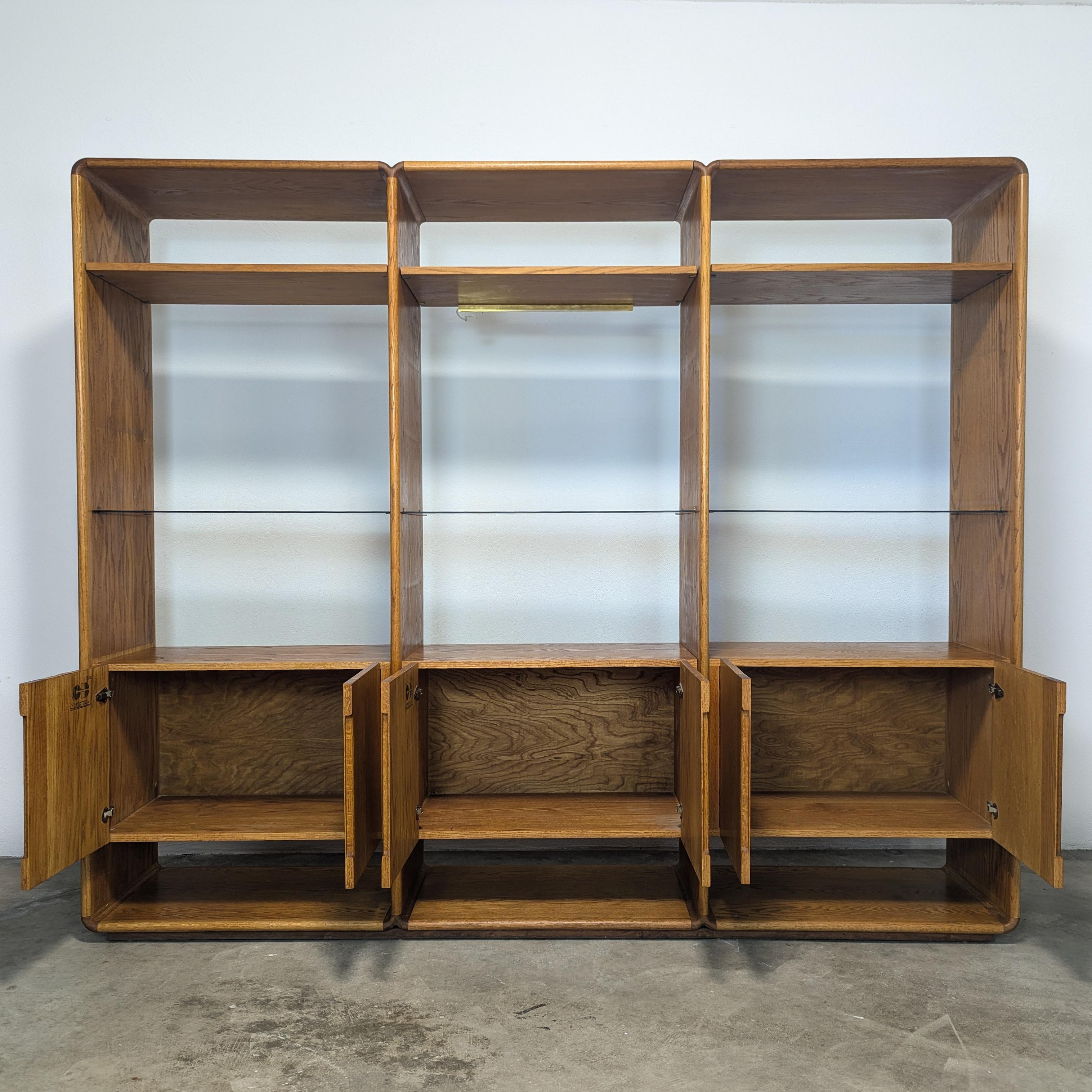 Mid-Century Modern Handcrafted Mid Century Oak 3-Bay Wall Cabinet by Lou Hodges, 1979 For Sale