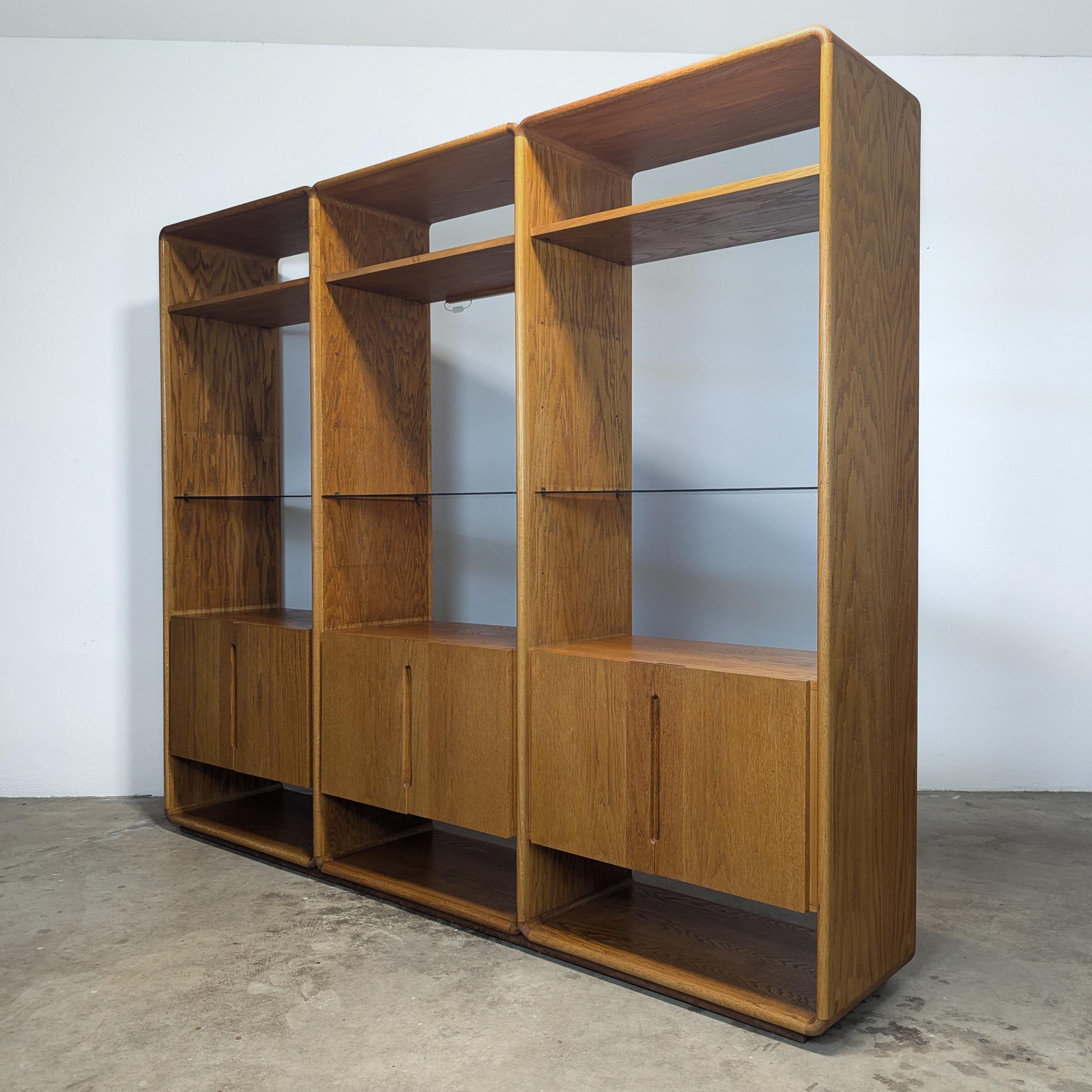American Handcrafted Mid Century Oak 3-Bay Wall Cabinet by Lou Hodges, 1979 For Sale
