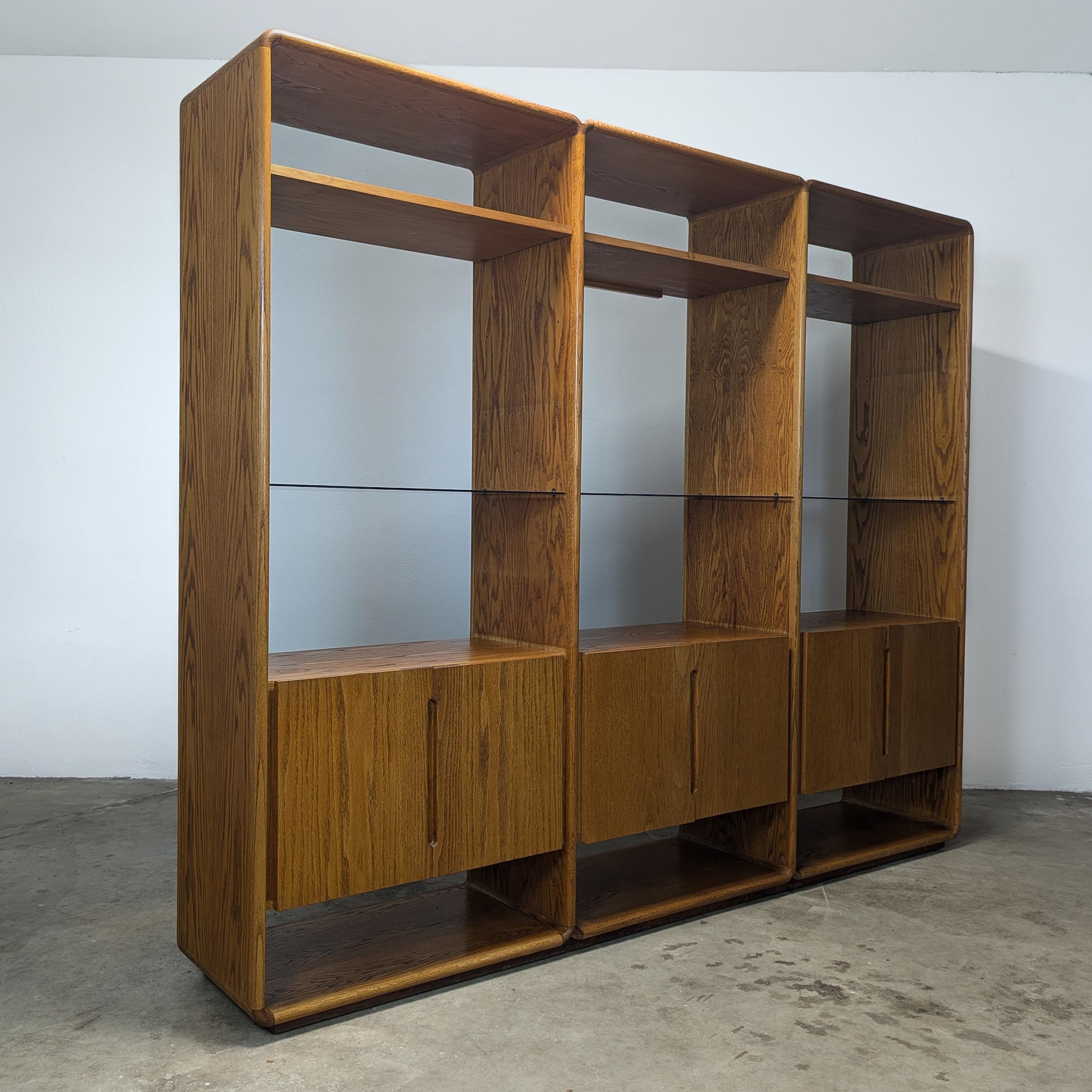 Hand-Crafted Handcrafted Mid Century Oak 3-Bay Wall Cabinet by Lou Hodges, 1979 For Sale