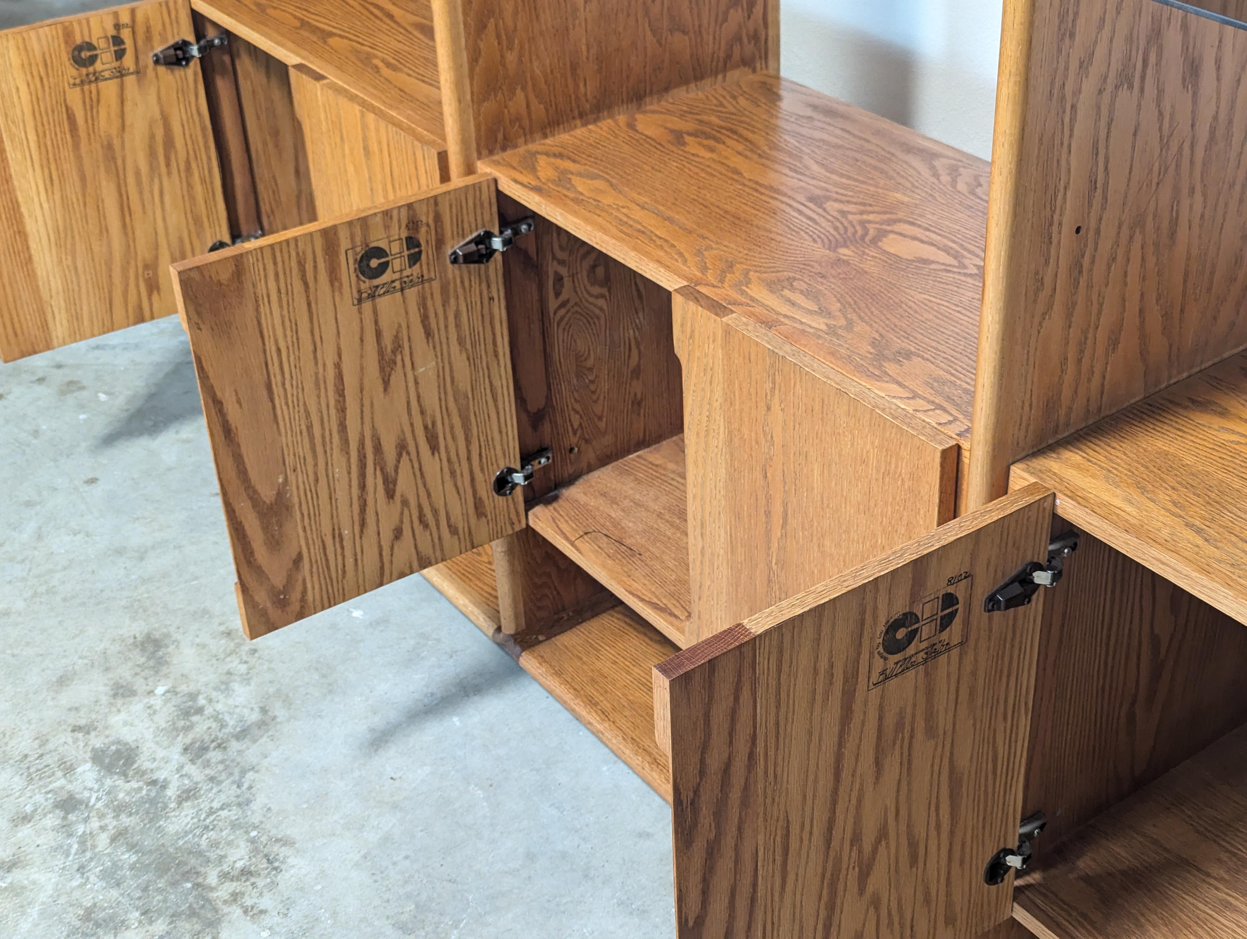 Handcrafted Mid Century Oak 3-Bay Wall Cabinet by Lou Hodges, 1979 For Sale 1