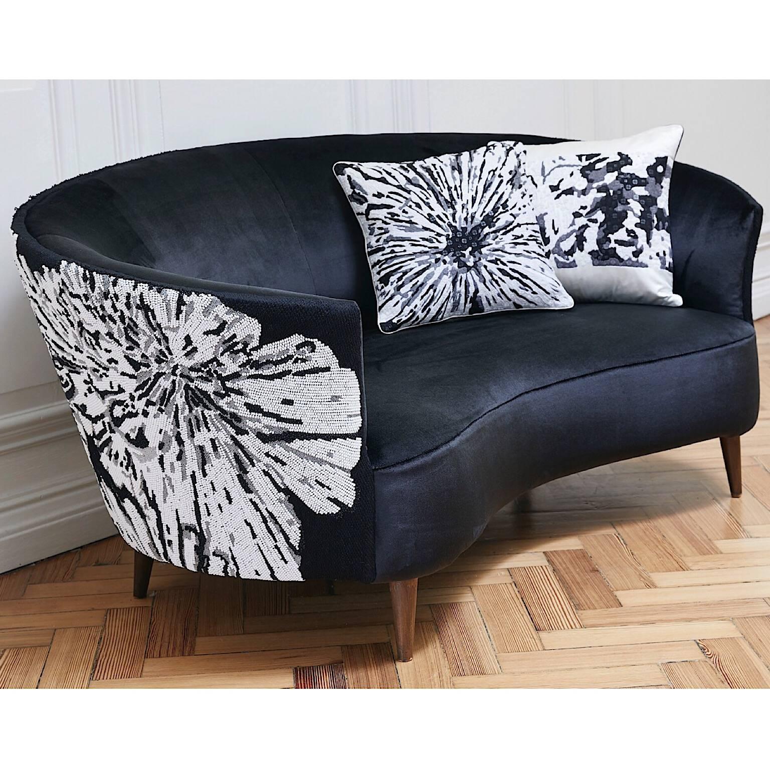 Handcrafted Midcentury Curved Sofa with Hand Embroidered Back Black and White For Sale 4
