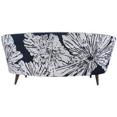 Handcrafted Midcentury Curved Sofa with Hand Embroidered Back Black and White