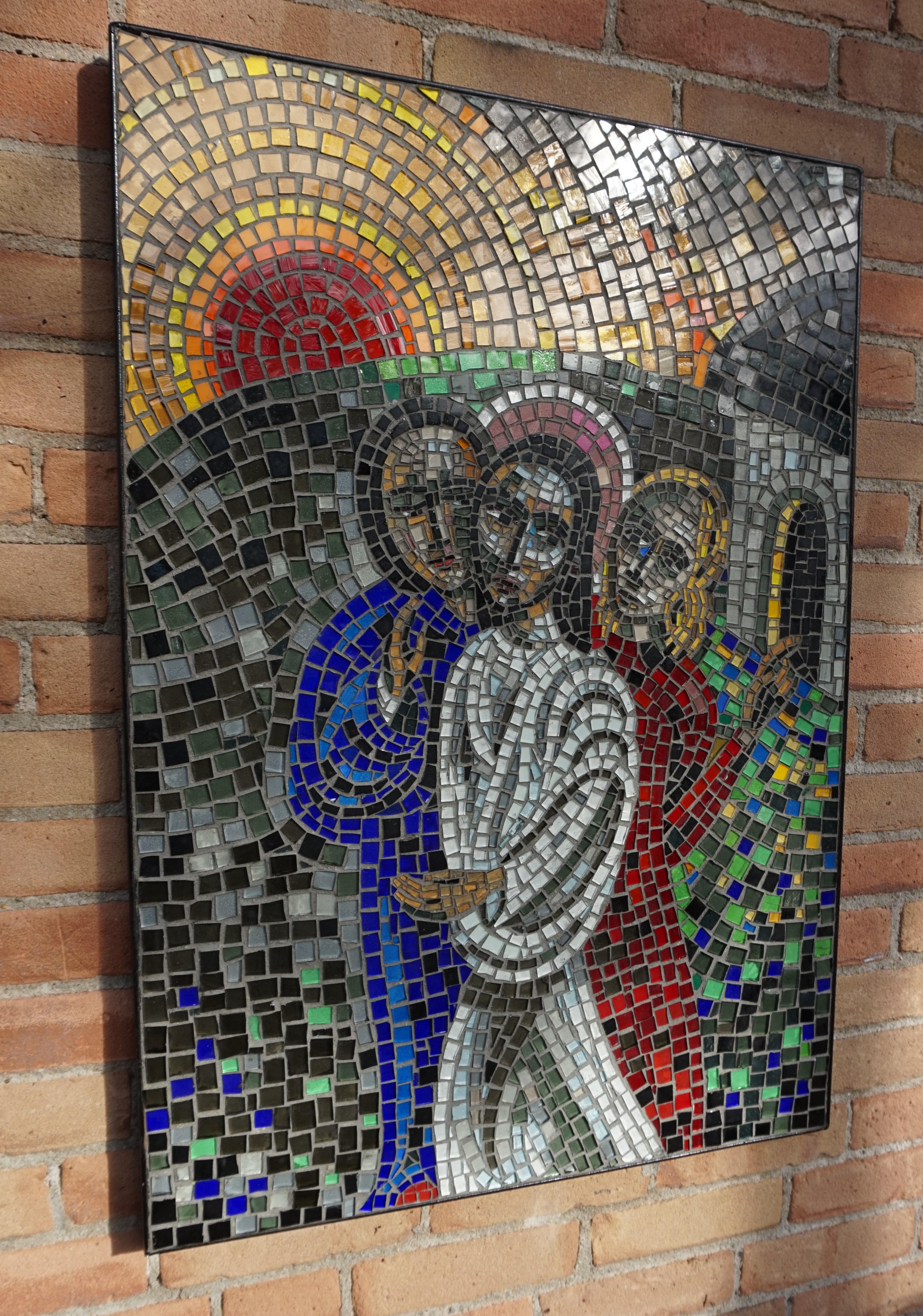 Stunning, vibrant and meaningful religious work of art.

This unique and midcentury made mosaic picture is a relatively modern version of the resurrection of Christ. In this handcrafted work of mosaic art, Christ is depicted with a halo. Mother Mary