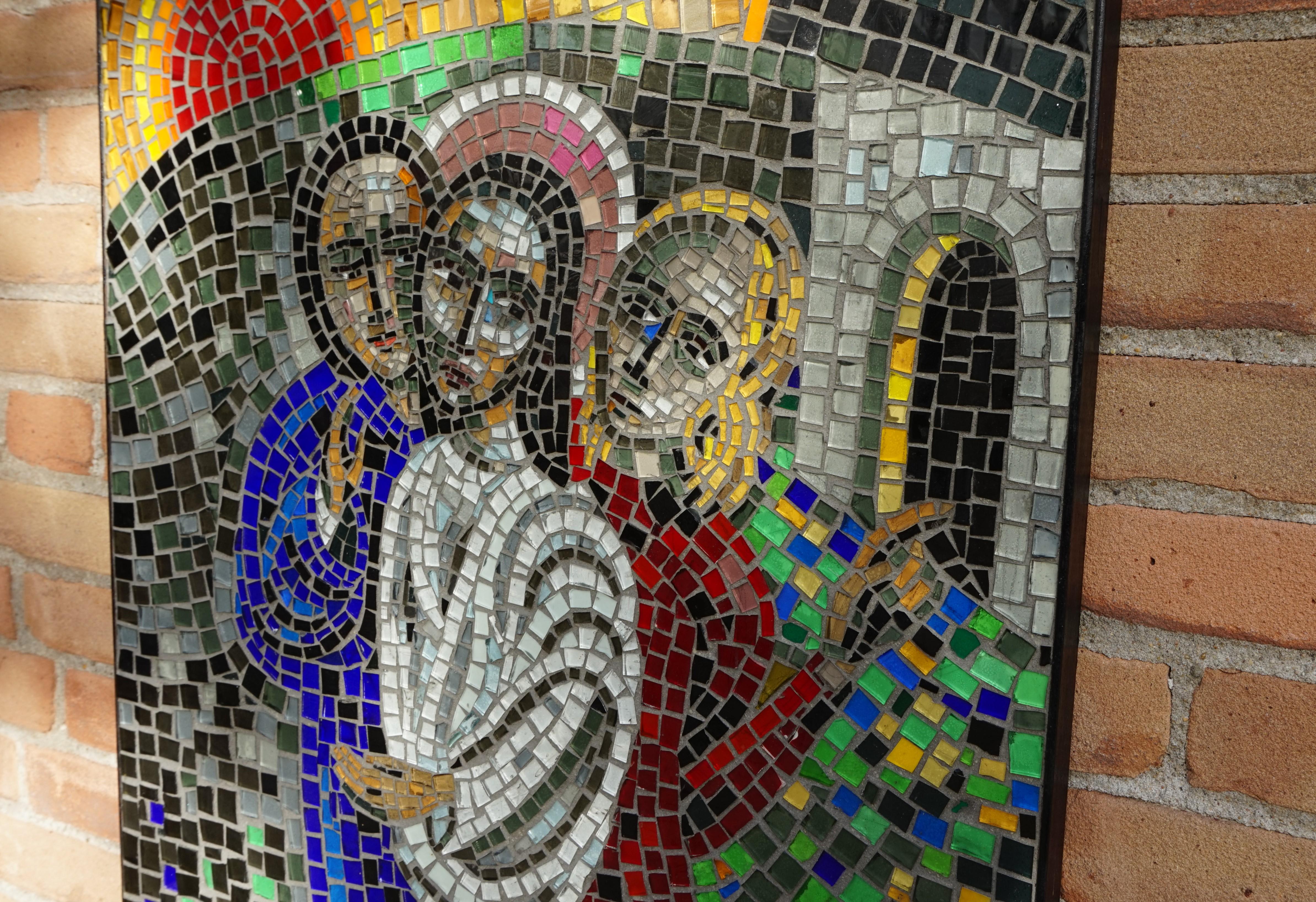 Blackened Handcrafted Midcentury Glass Mosaic Picture of Resurrection of Jesus in Frame