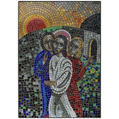 Tableau en mosaïque de verre du milieu du siècle:: fabriqué à la main:: représentant la résurrection de Jésus dans un cadre