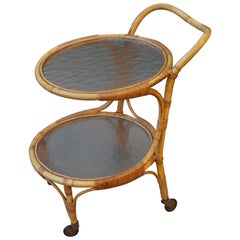 Handcrafted Midcentury Modern Bamboo & Rattan Drinks Cart with Mint Glass Tiers