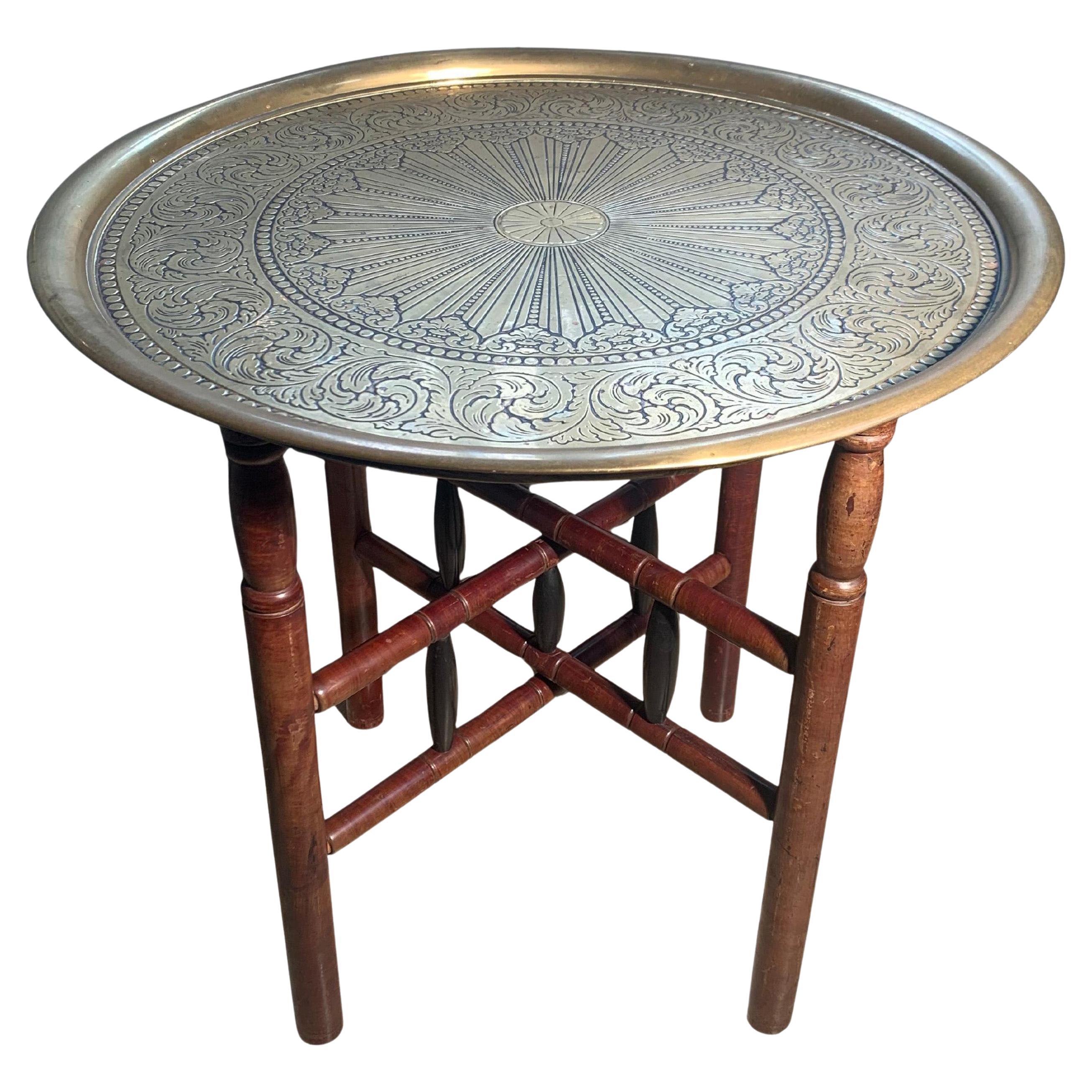 Handcrafted Middle Eastern Folding Tea Table, Brass Tray, 1900s Design