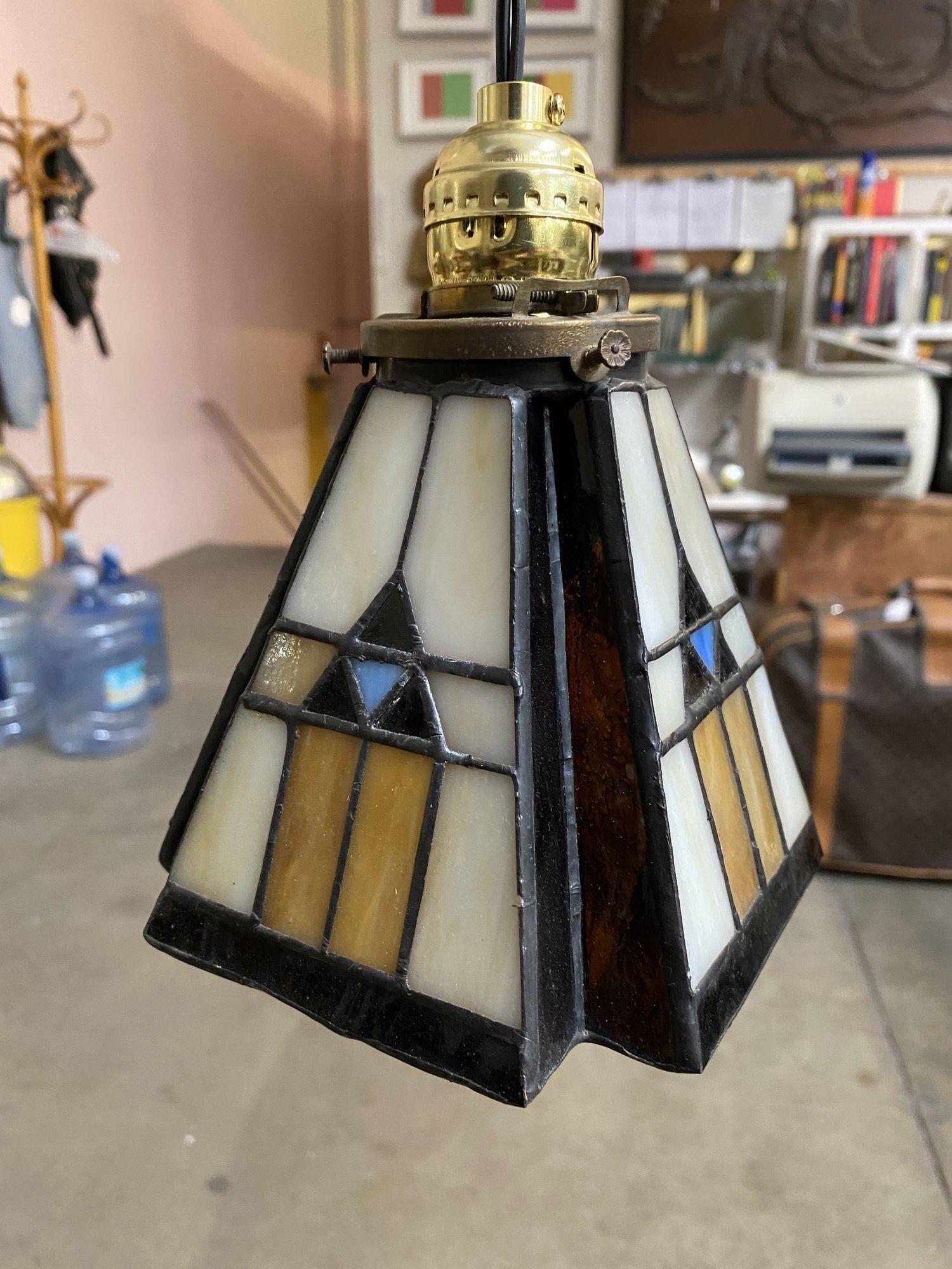 Handcrafted Mission Style Stain Leaded Glass Shade, 2 Available In Excellent Condition In Van Nuys, CA