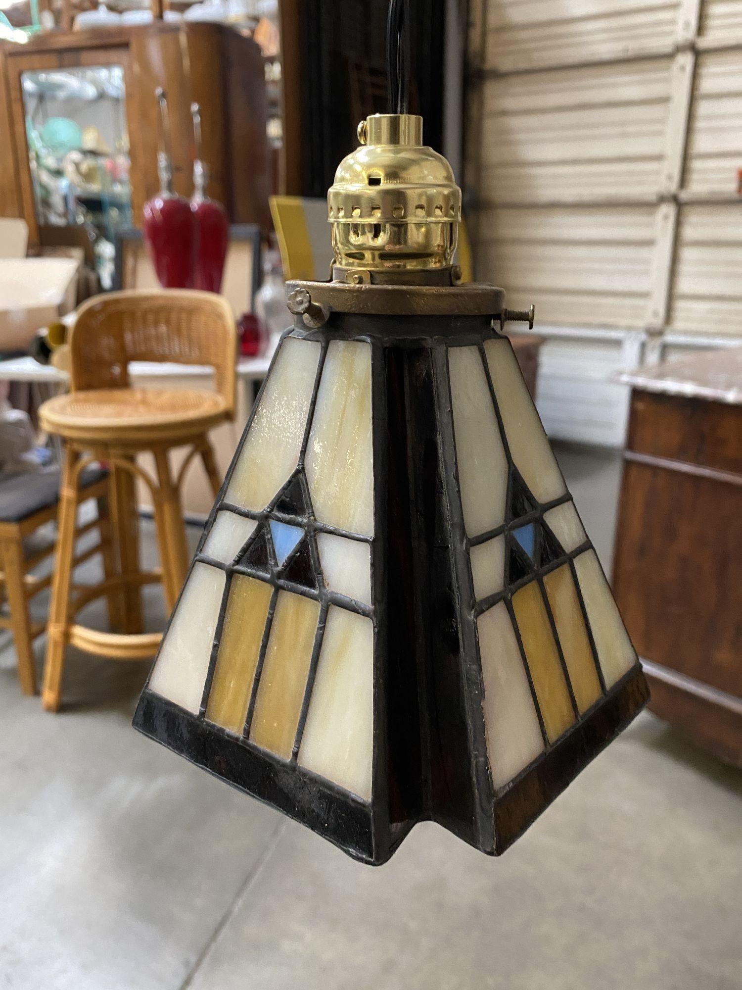 Late 20th Century Handcrafted Mission Style Stain Leaded Glass Shade, 2 Available
