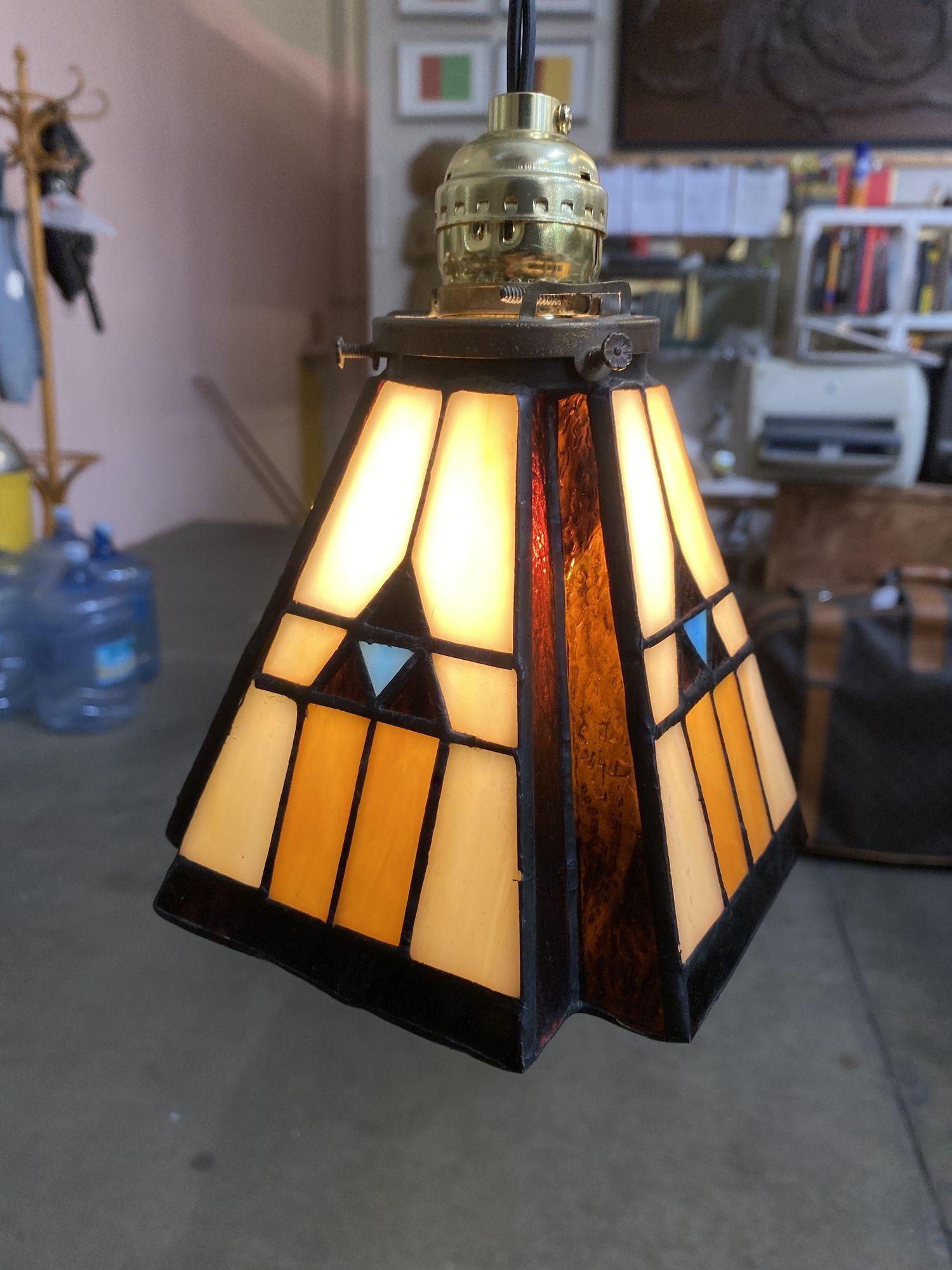 Art Glass Handcrafted Mission Style Stain Leaded Glass Shade, 2 Available For Sale
