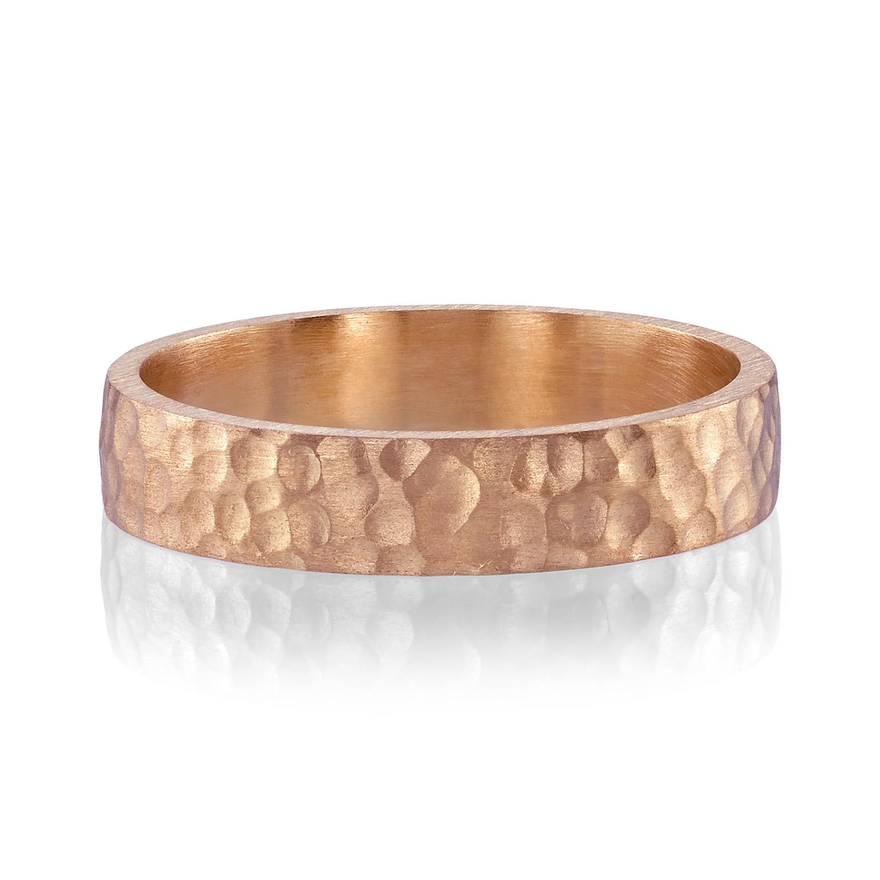 5mm handcrafted 18k gold men's band with a hand hammered finish. Band widths available from 2mm to 12mm. 

Our jewelry is made locally in Los Angeles and most pieces are made to order. For these made-to-order items, please allow 8-10 weeks for