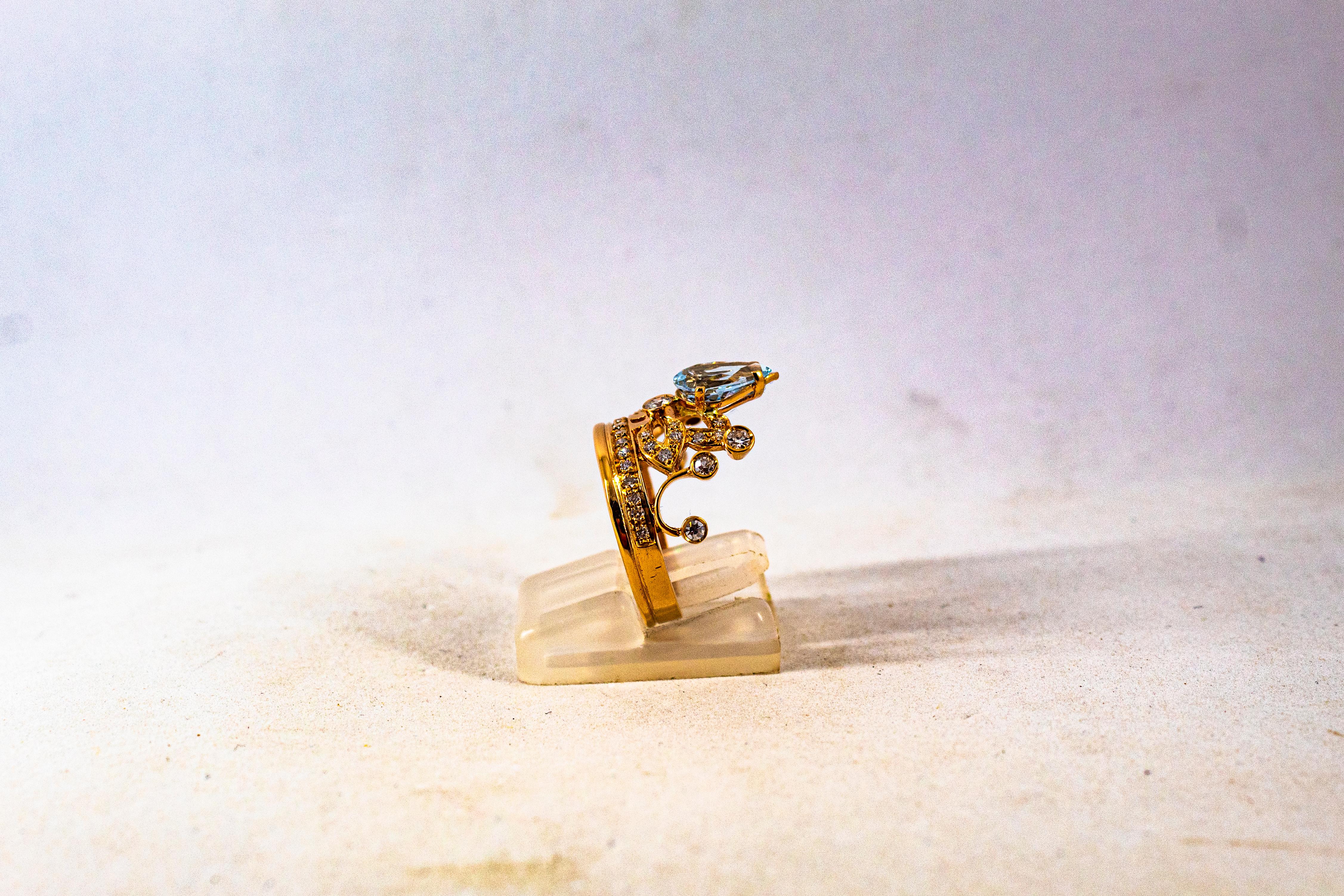 Women's or Men's Handcrafted Modern 1.85 Carat White Diamond Aquamarine Rose Gold Engagement Ring