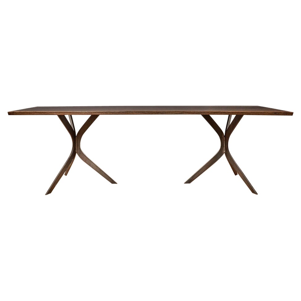 Handcrafted Modern Live Edge Blackened Oak Dining Table Steel Tripod Legs