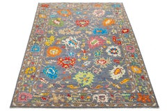 HandCrafted Modern Oushak Style Gray Wool Rug with Multicolored Floral