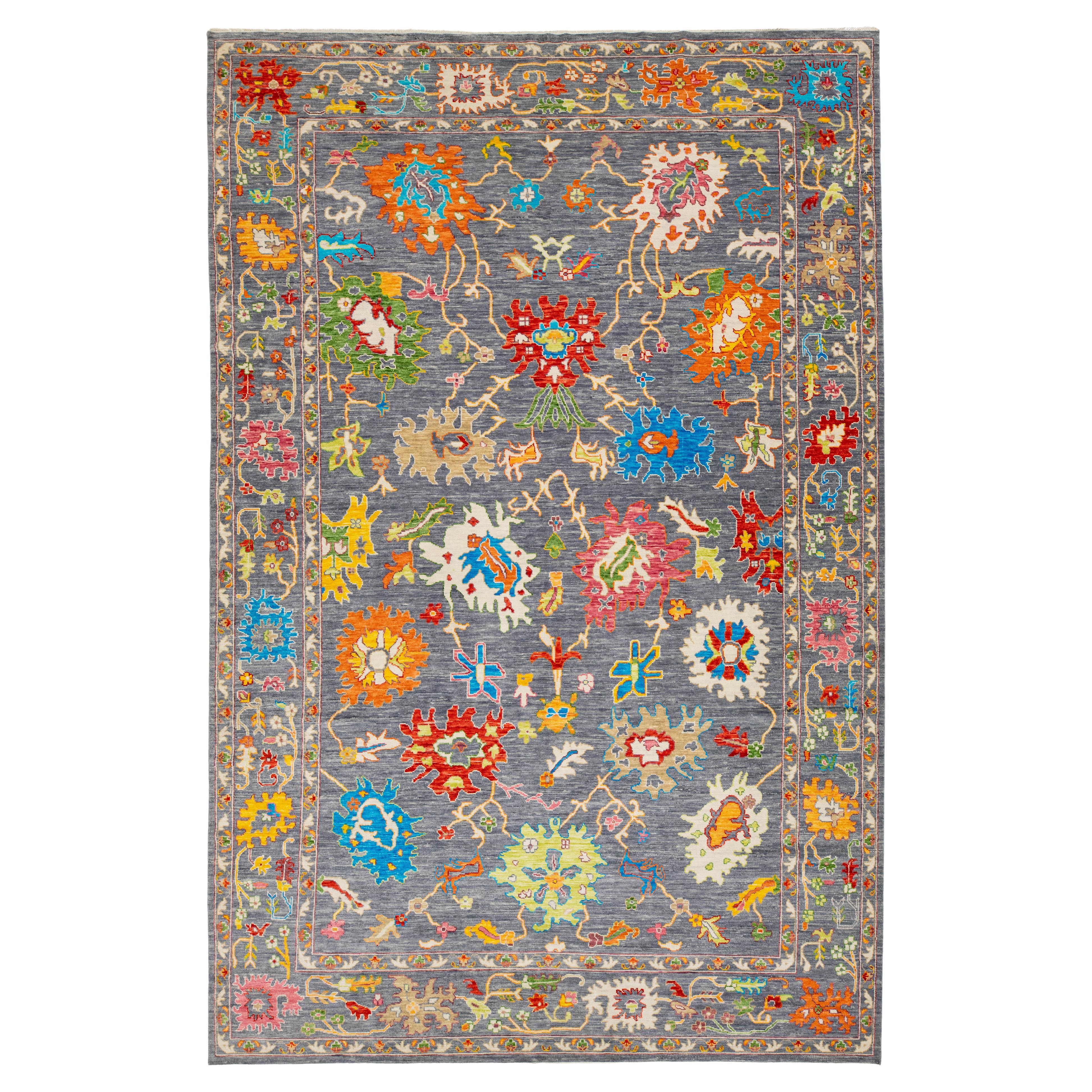HandCrafted Modern Oushak Style Gray Wool Rug with Multicolored Floral