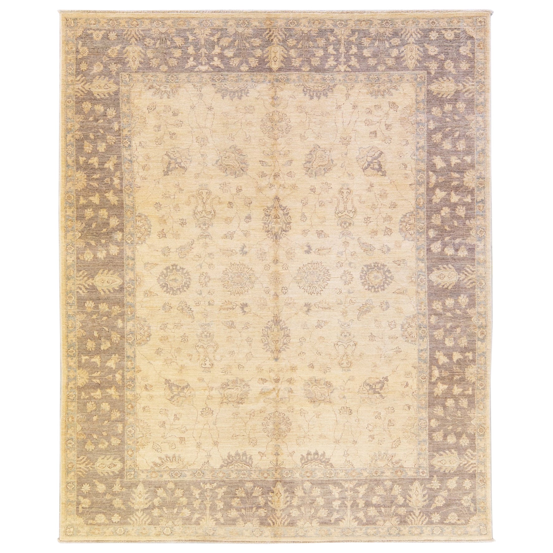 Tappeto Paki Peshawar Beige in lana con disegno di palmette, realizzato a mano.