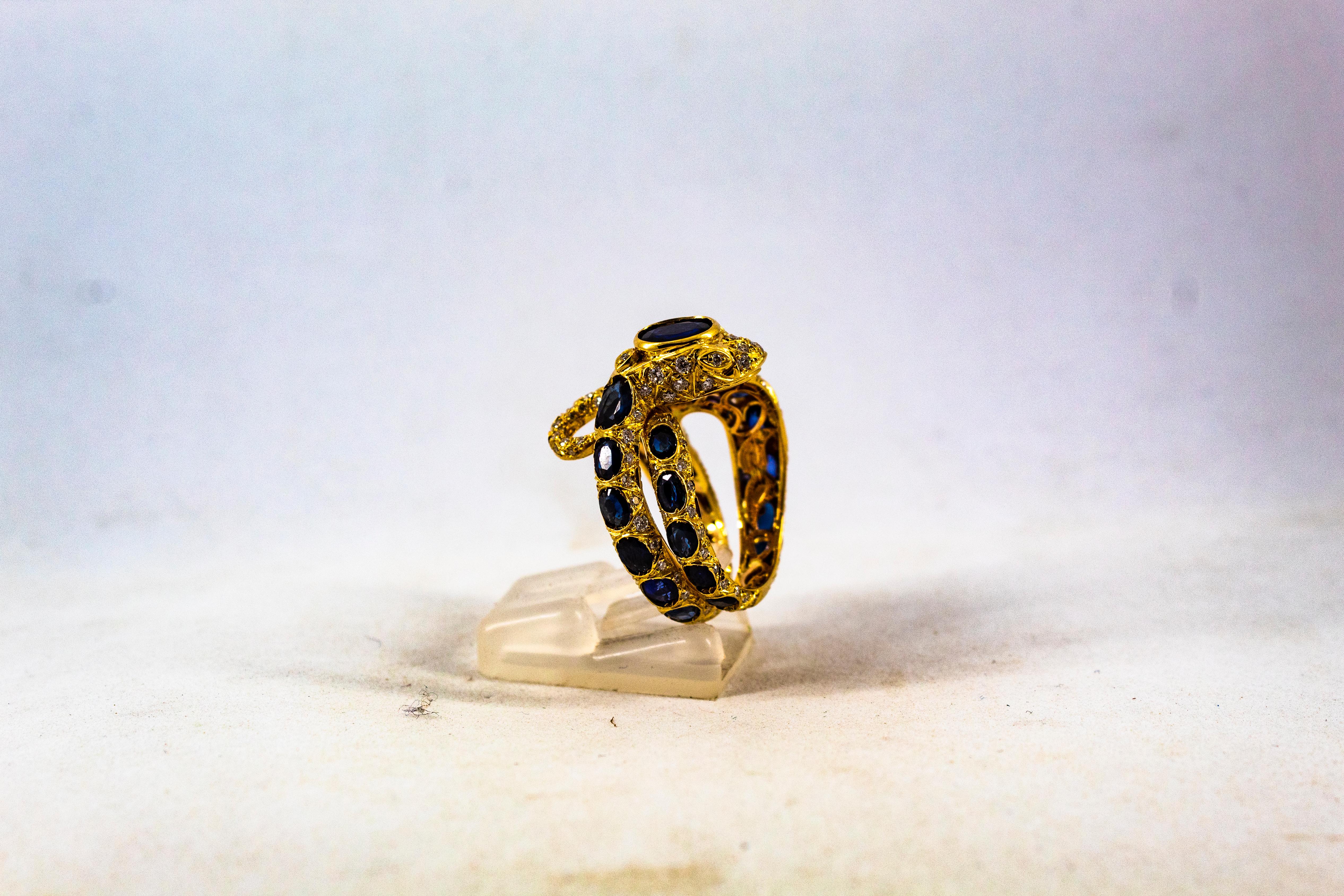 Art Deco Handcrafted Modern White Diamond Blue Sapphire Yellow Gold Cocktail 