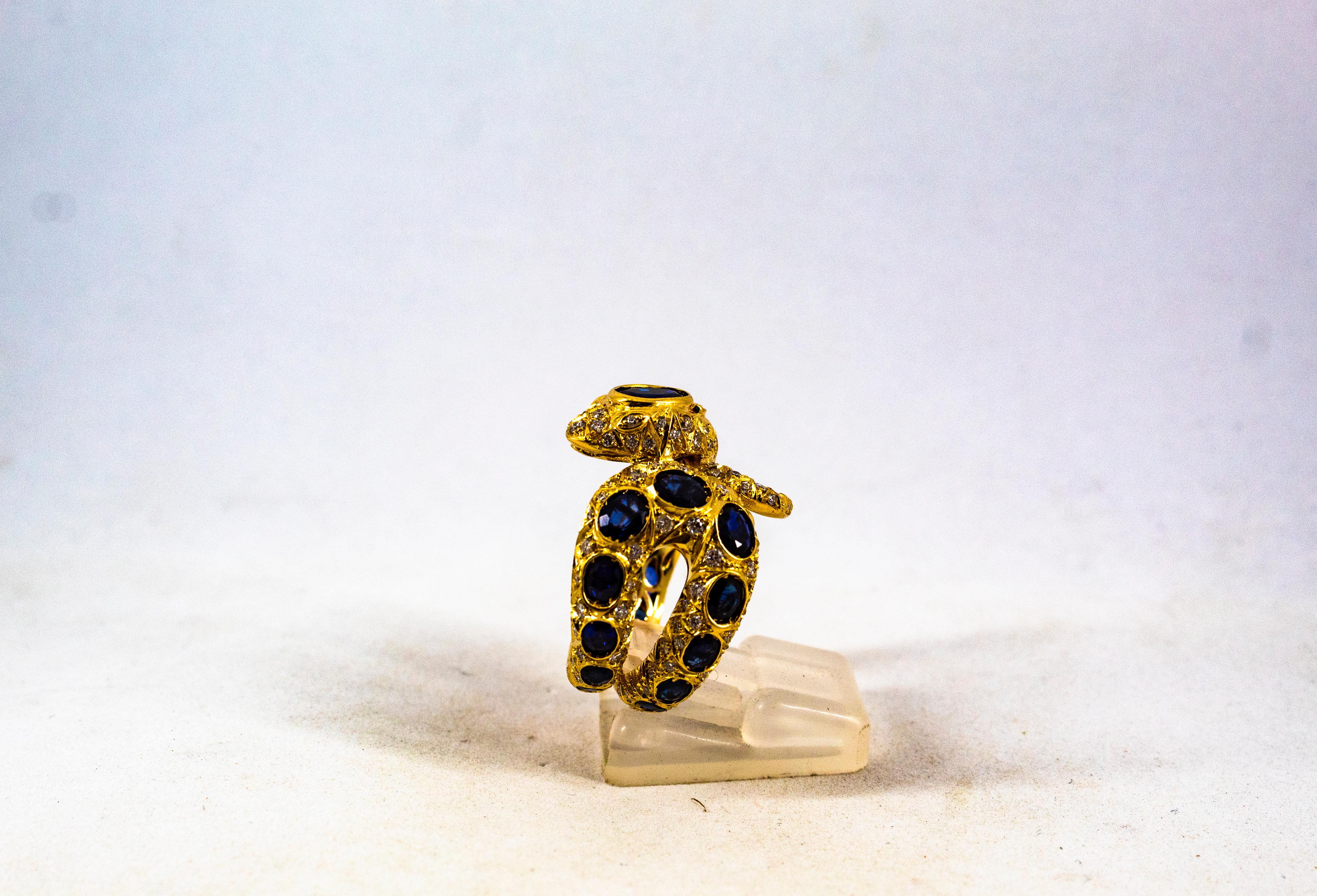 Women's or Men's Handcrafted Modern White Diamond Blue Sapphire Yellow Gold Cocktail 