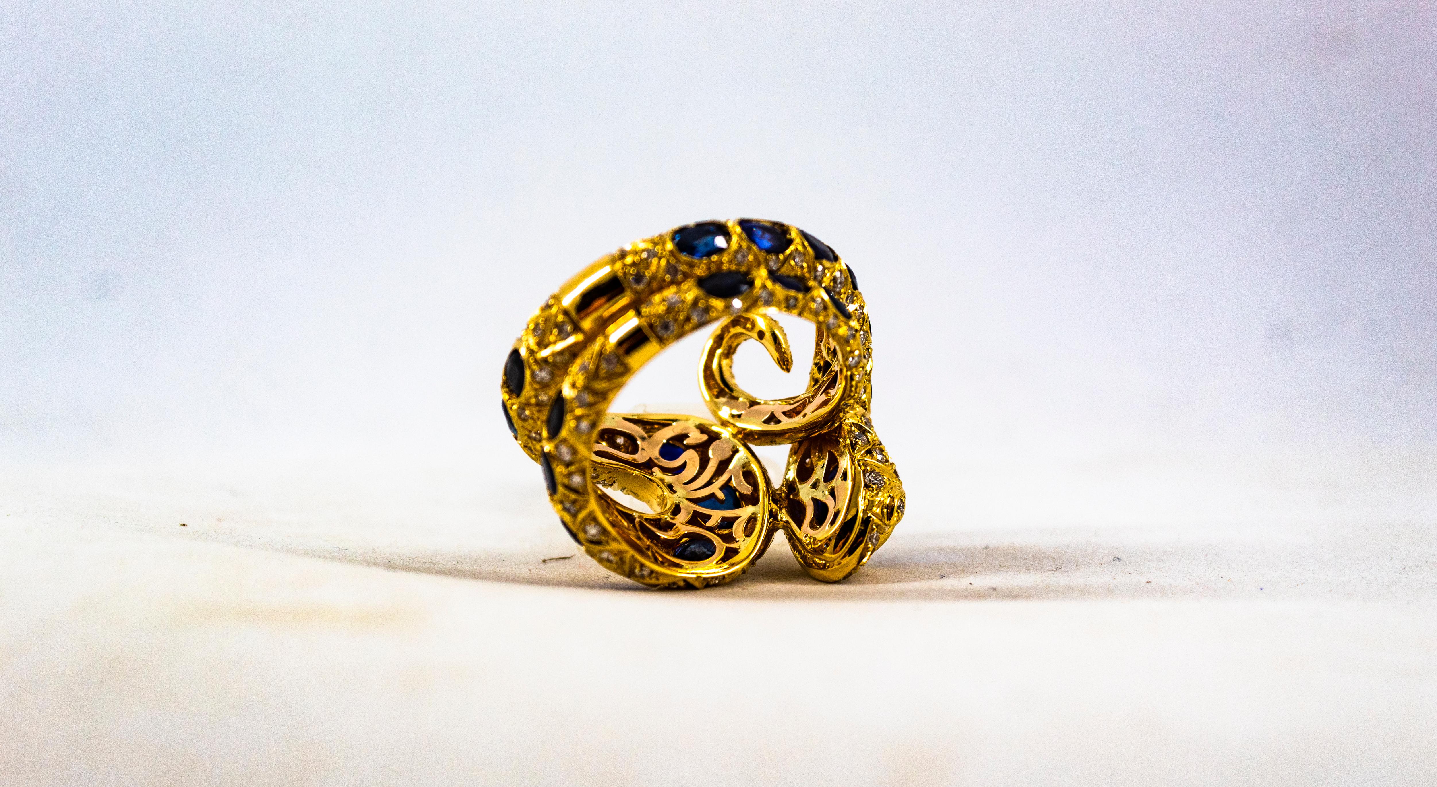 Handcrafted Modern White Diamond Blue Sapphire Yellow Gold Cocktail 