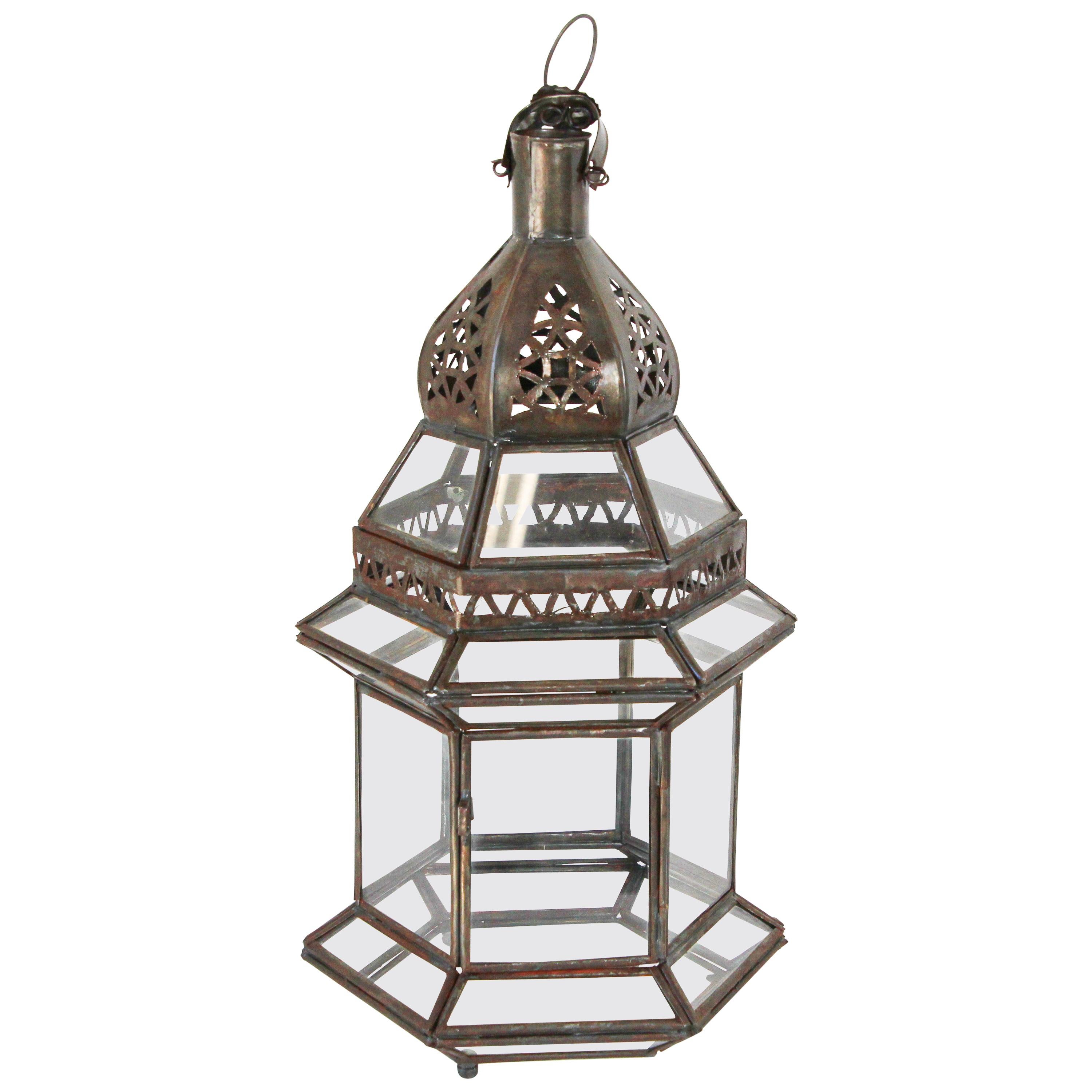 Handcrafted Large Moroccan Clear Glass Candle Lantern For Sale at 1stDibs