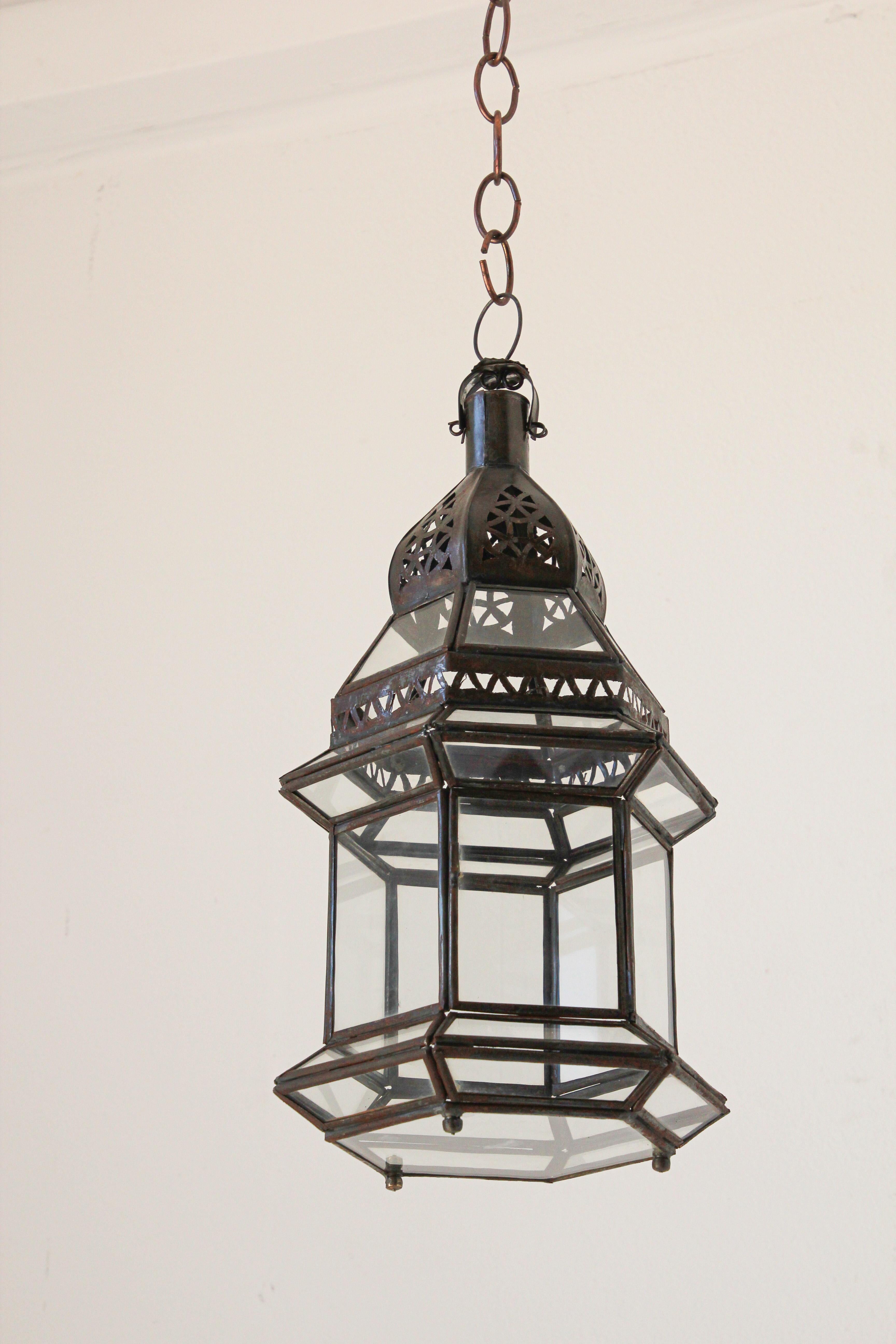 Handcrafted Moroccan Hanging Glass Lantern In Good Condition In North Hollywood, CA