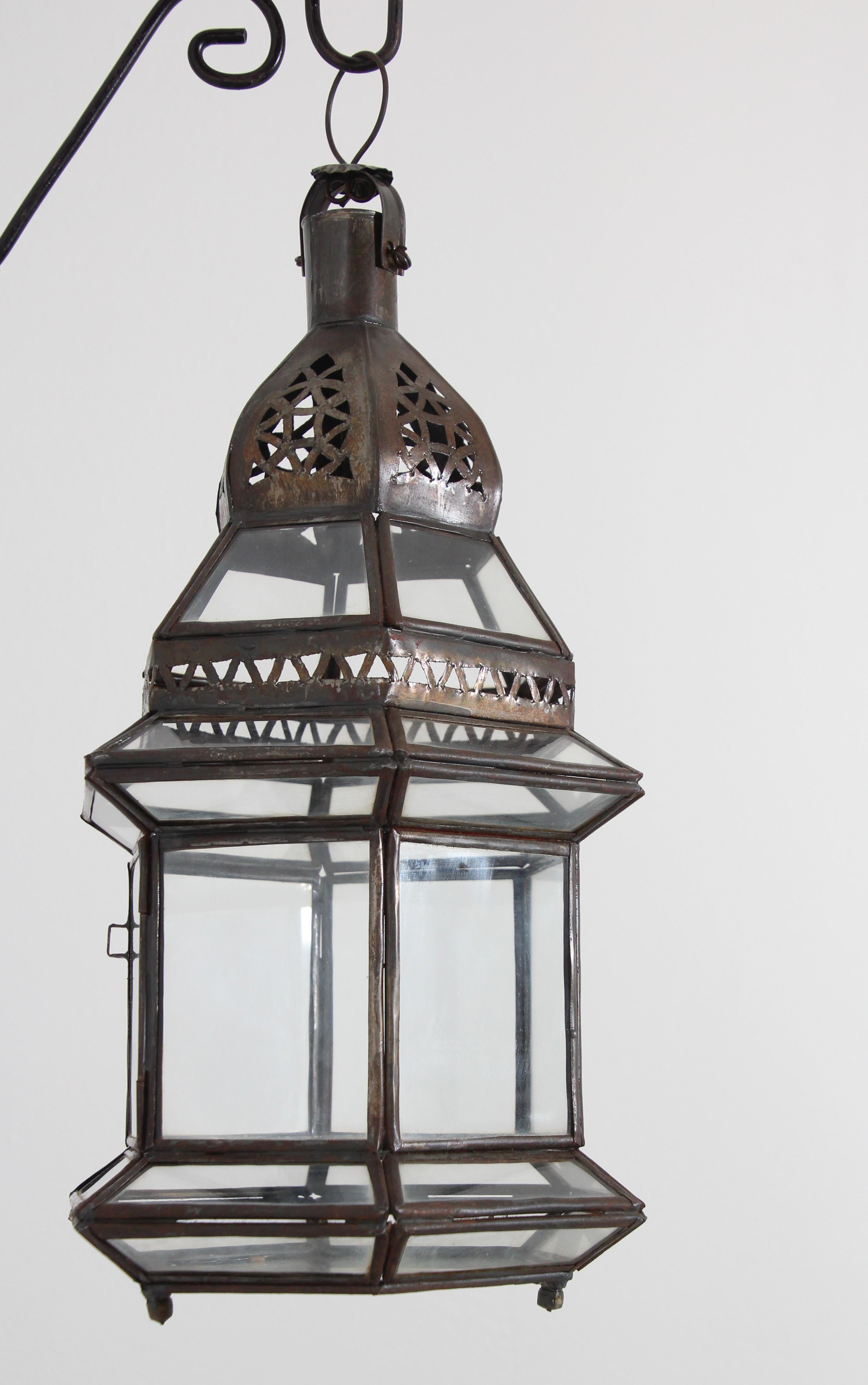Handcrafted Moroccan Hanging Metal and Glass Lantern 2