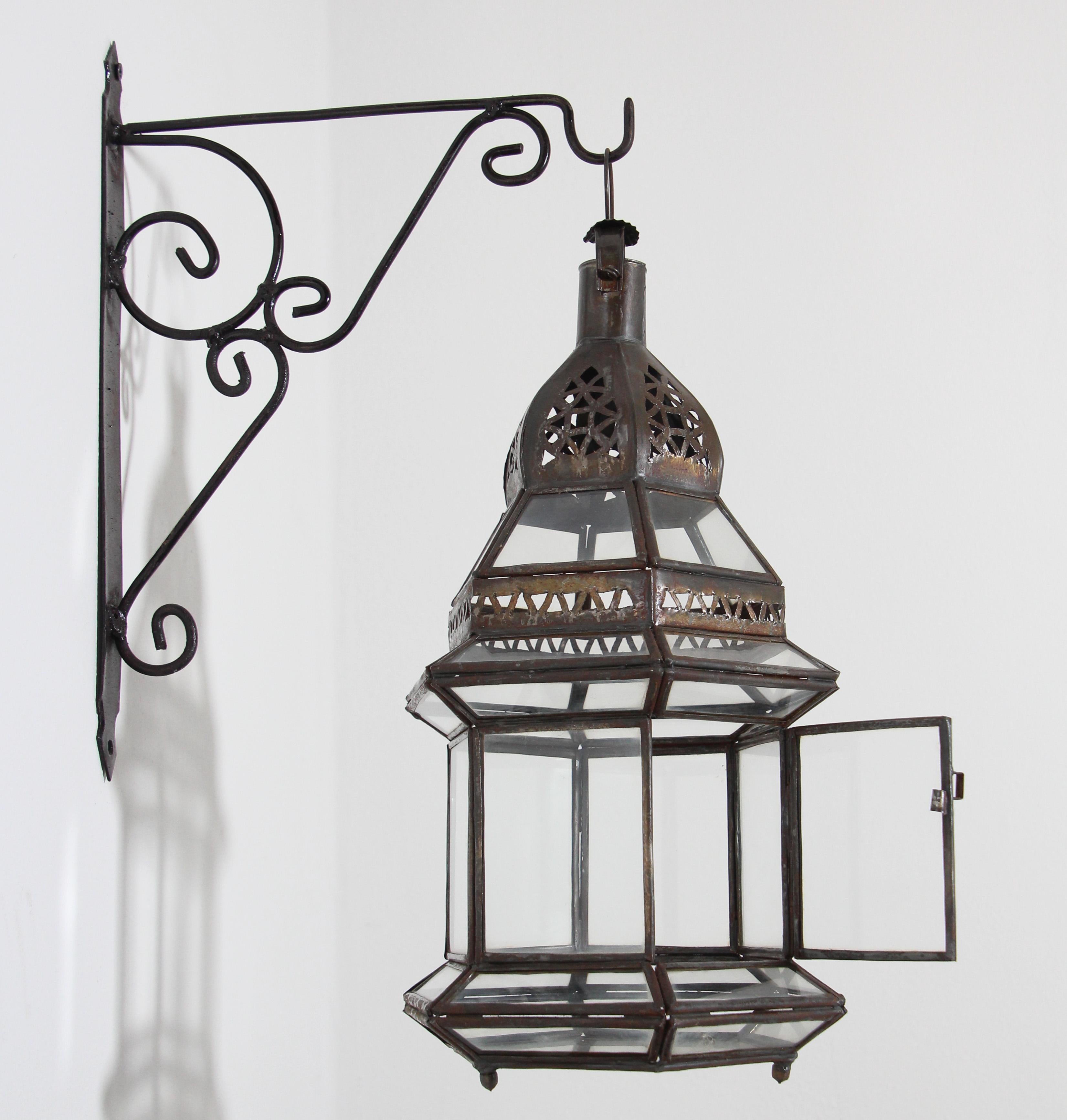 Moorish Handcrafted Moroccan Hanging Metal and Glass Lantern