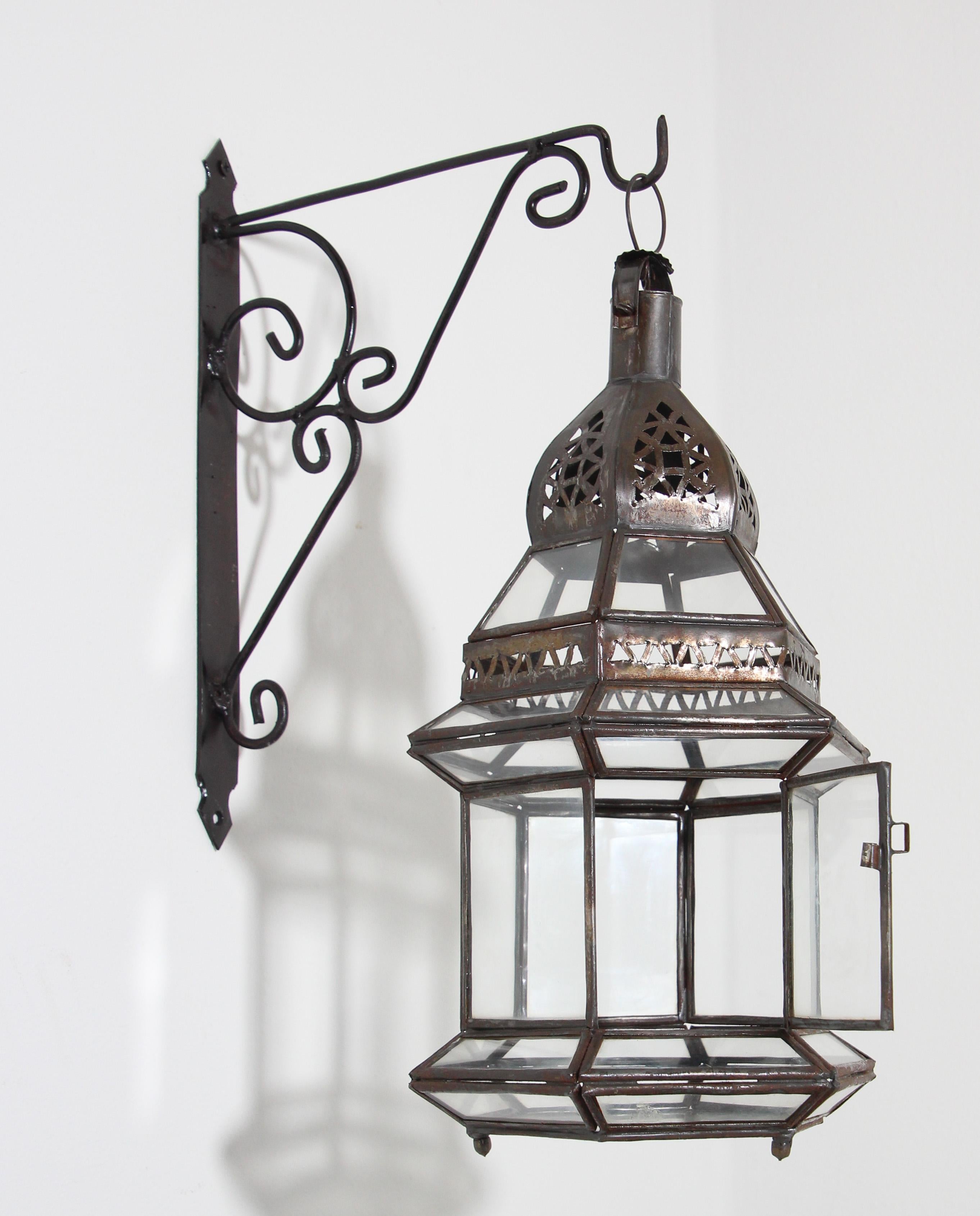 Hand-Crafted Handcrafted Moroccan Hanging Metal and Glass Lantern