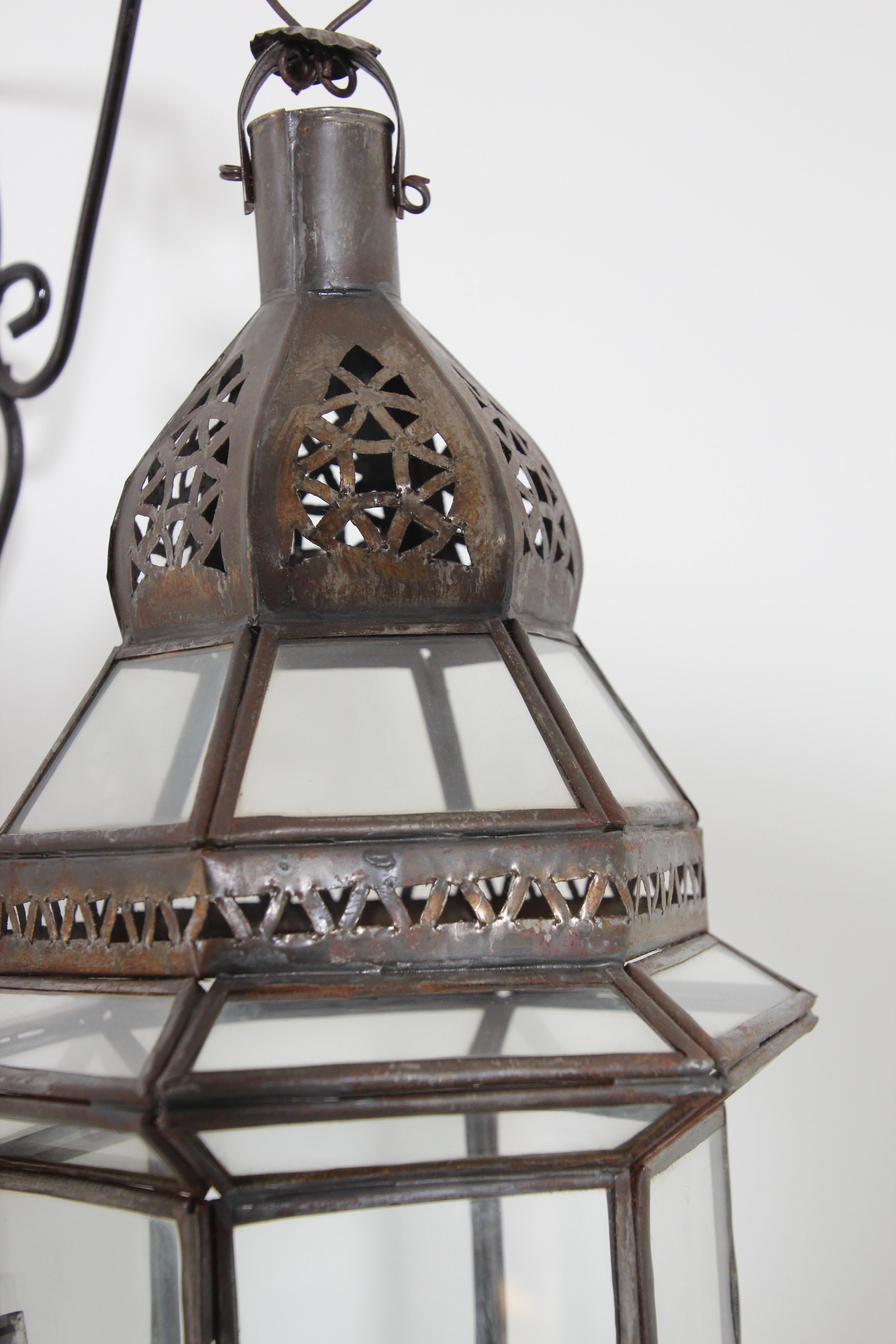 20th Century Handcrafted Moroccan Hanging Metal and Glass Lantern