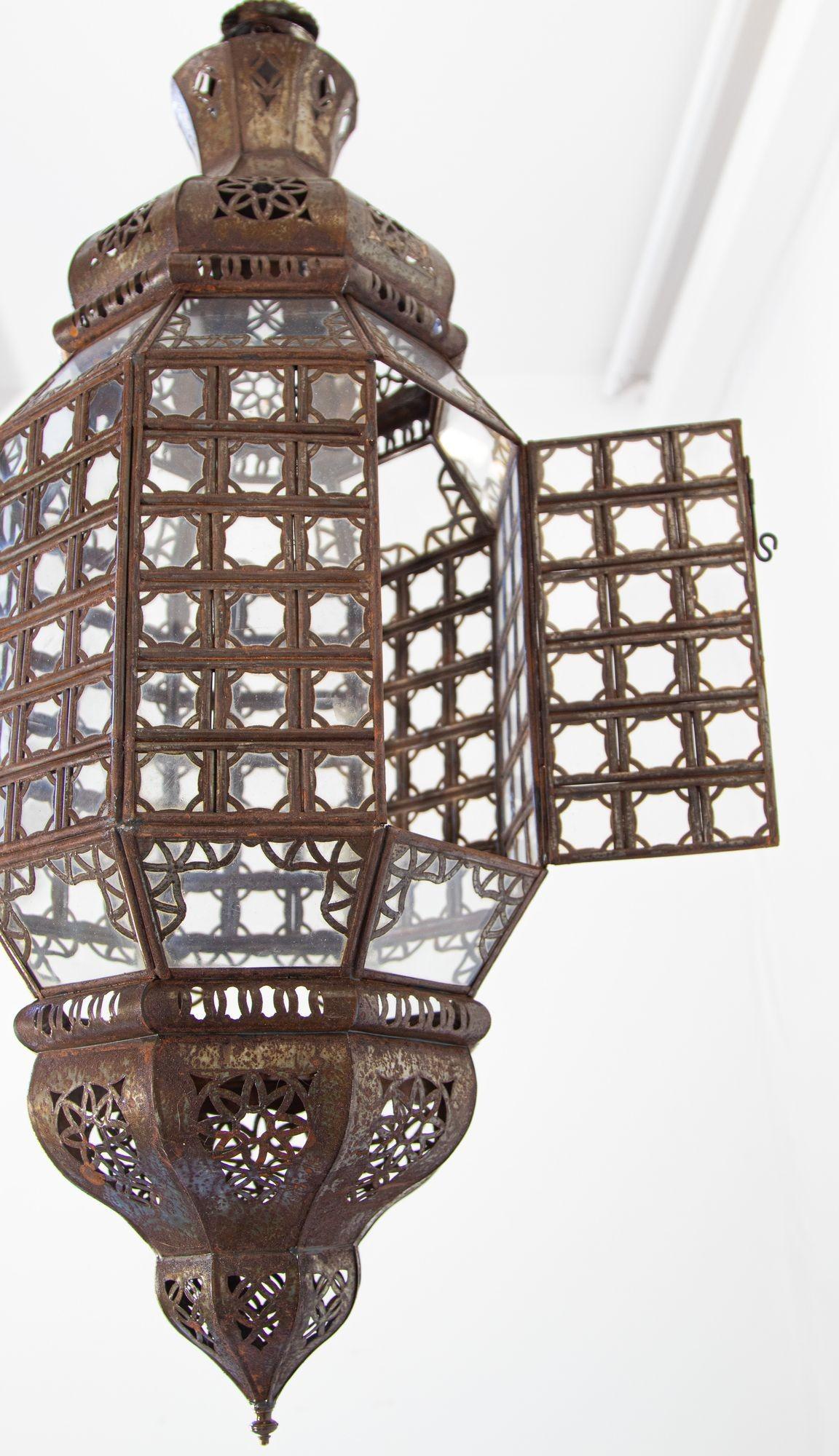 Hand-Crafted Handcrafted Moroccan Lantern with Clear Glass and Moorish Metal Filigree For Sale