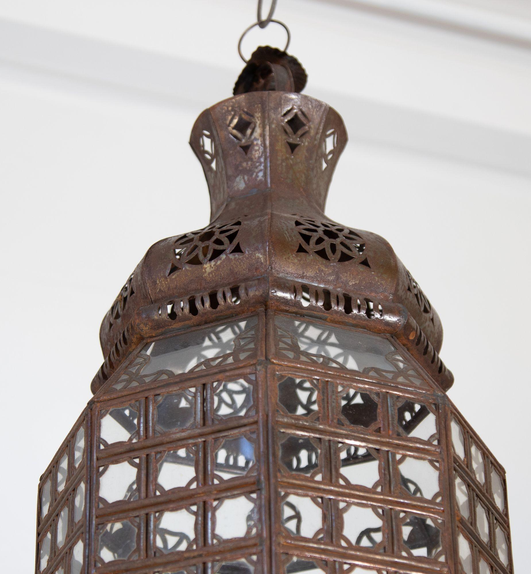 20th Century Handcrafted Moroccan Lantern with Clear Glass and Moorish Metal Filigree For Sale