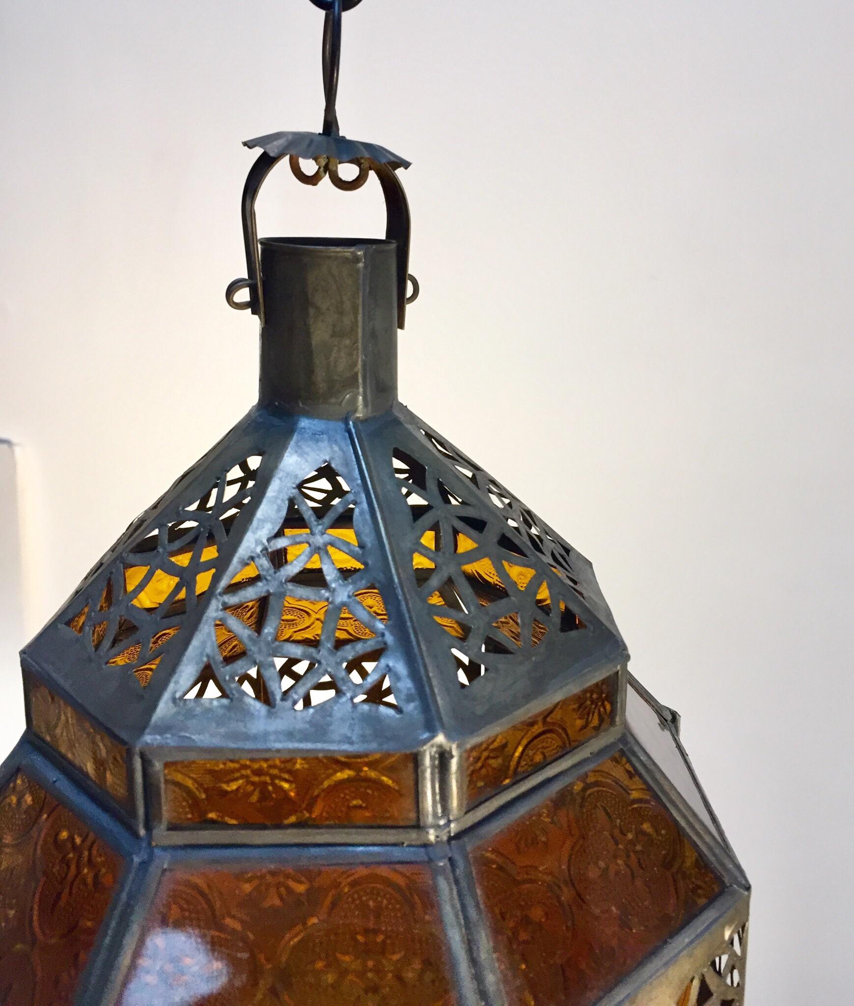 Moroccan Metal and Amber Glass Lantern, Octagonal Diamond Shape 3