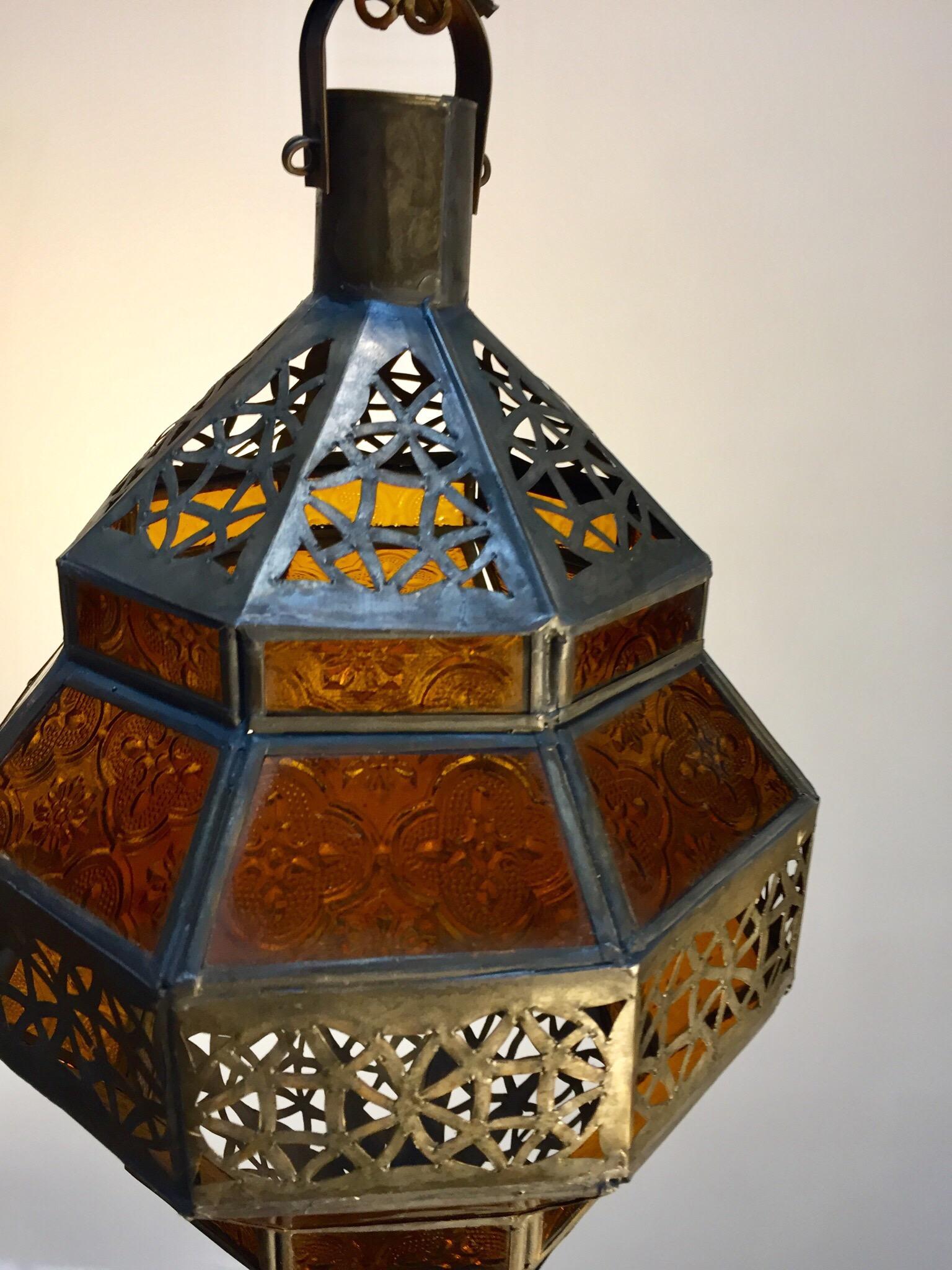 Moroccan Metal and Amber Glass Lantern, Octagonal Diamond Shape 4