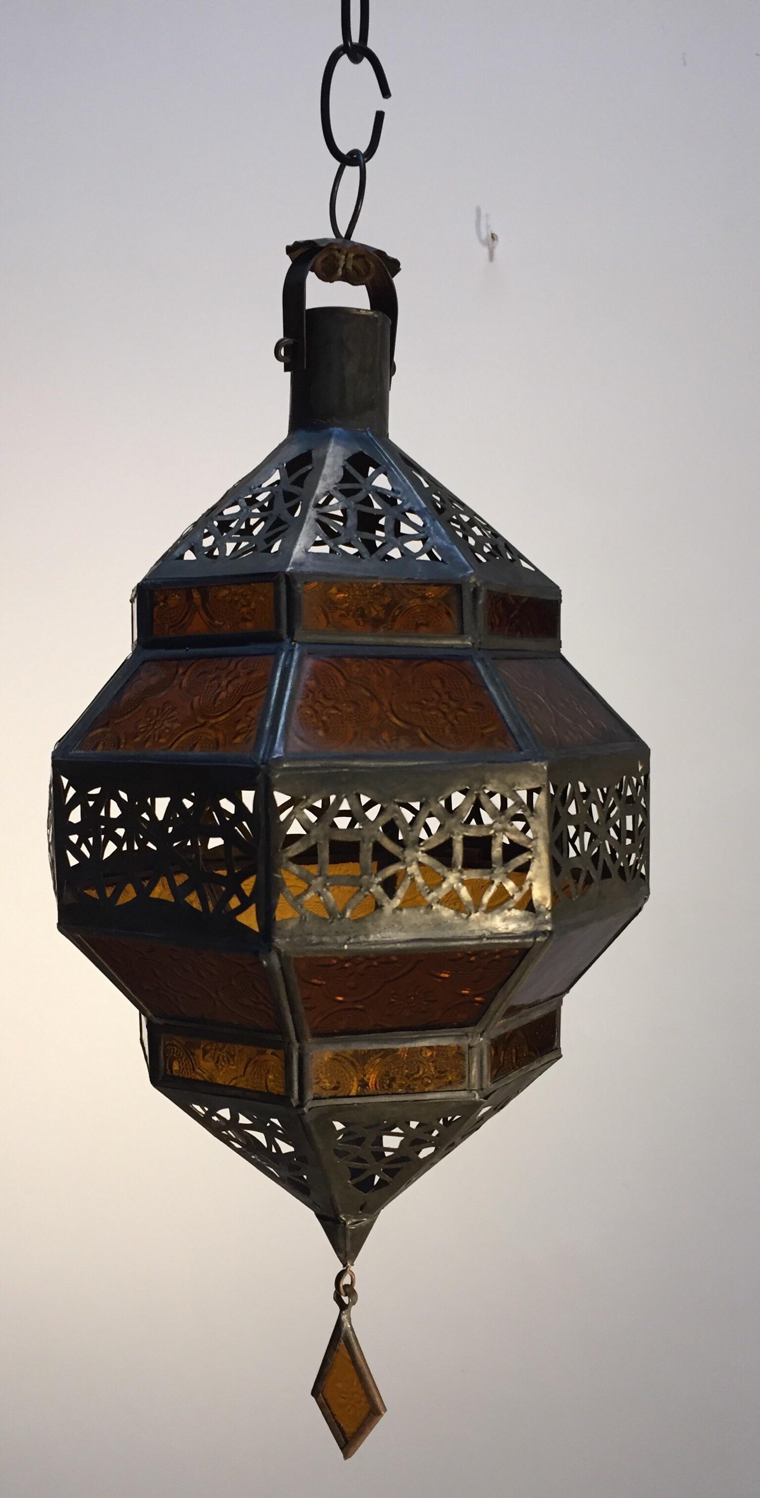 Moroccan Metal and Amber Glass Lantern, Octagonal Diamond Shape 5