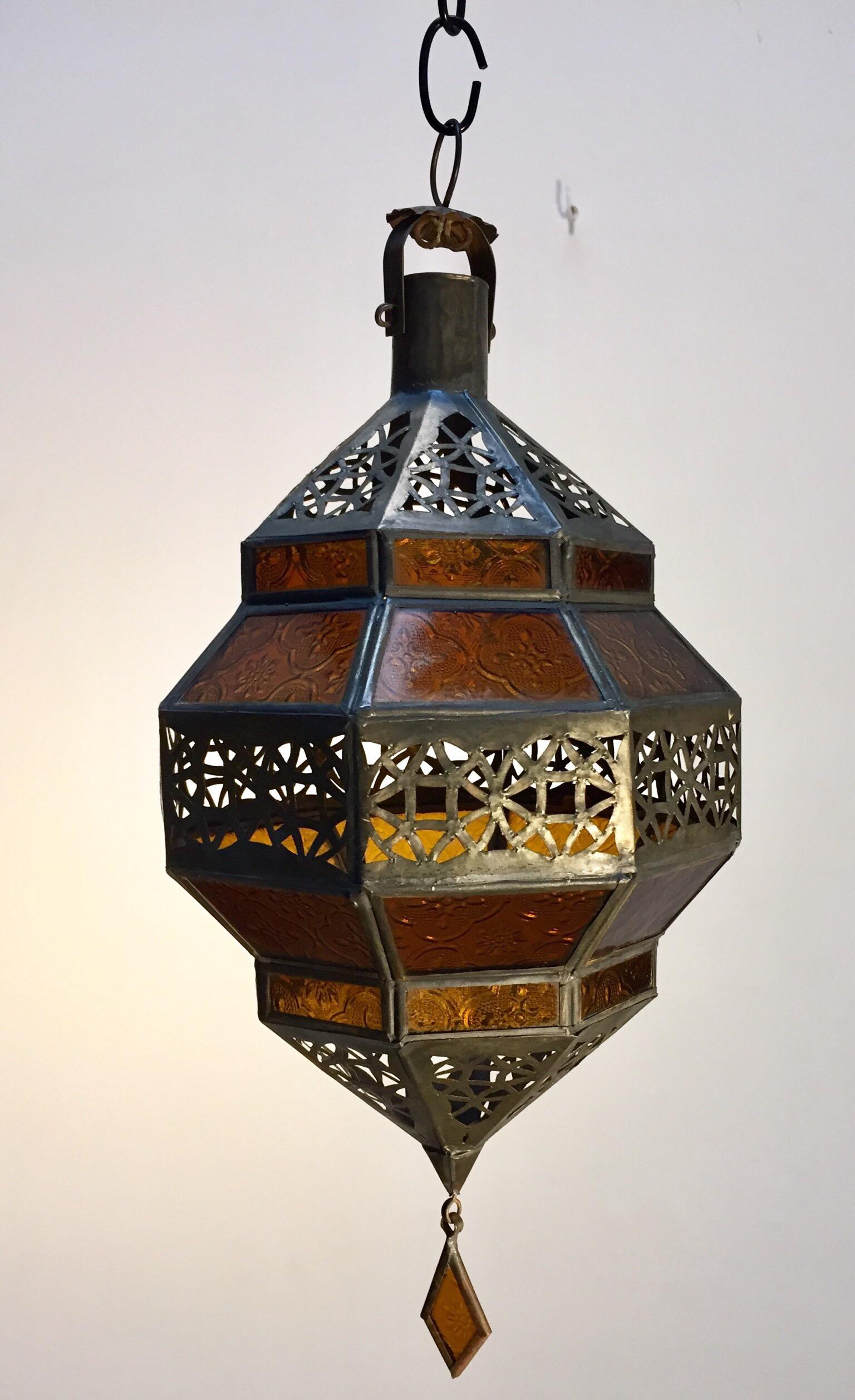 Moroccan Metal and Amber Glass Lantern, Octagonal Diamond Shape 6