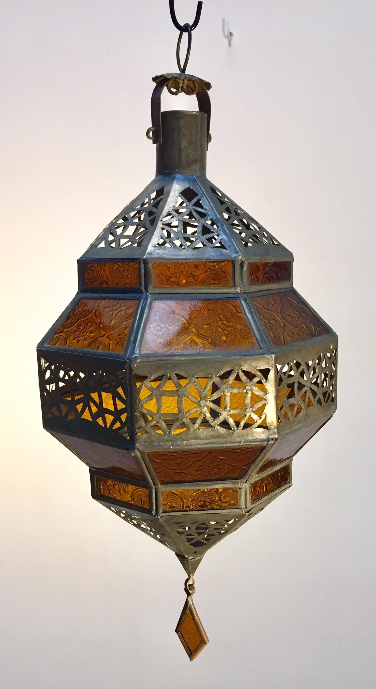 Moroccan Metal and Amber Glass Lantern, Octagonal Diamond Shape 7