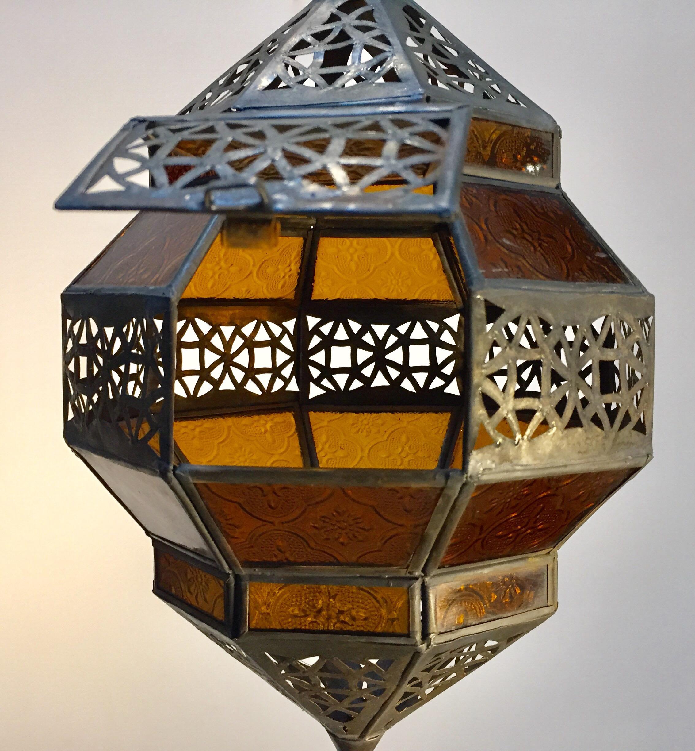 Moorish Moroccan Metal and Amber Glass Lantern, Octagonal Diamond Shape