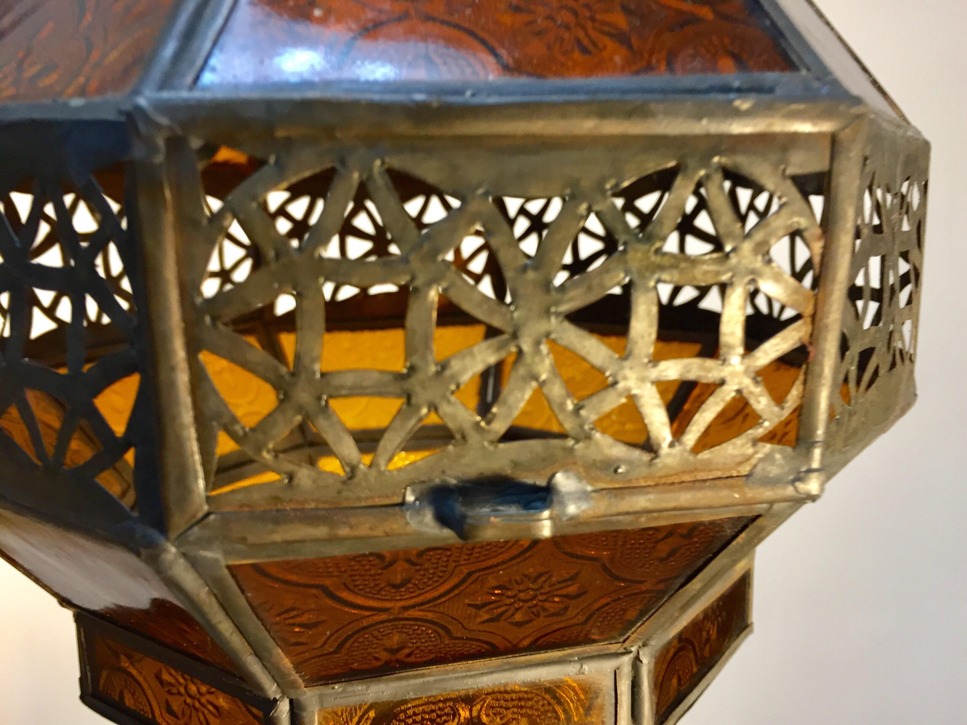 Hand-Crafted Moroccan Metal and Amber Glass Lantern, Octagonal Diamond Shape