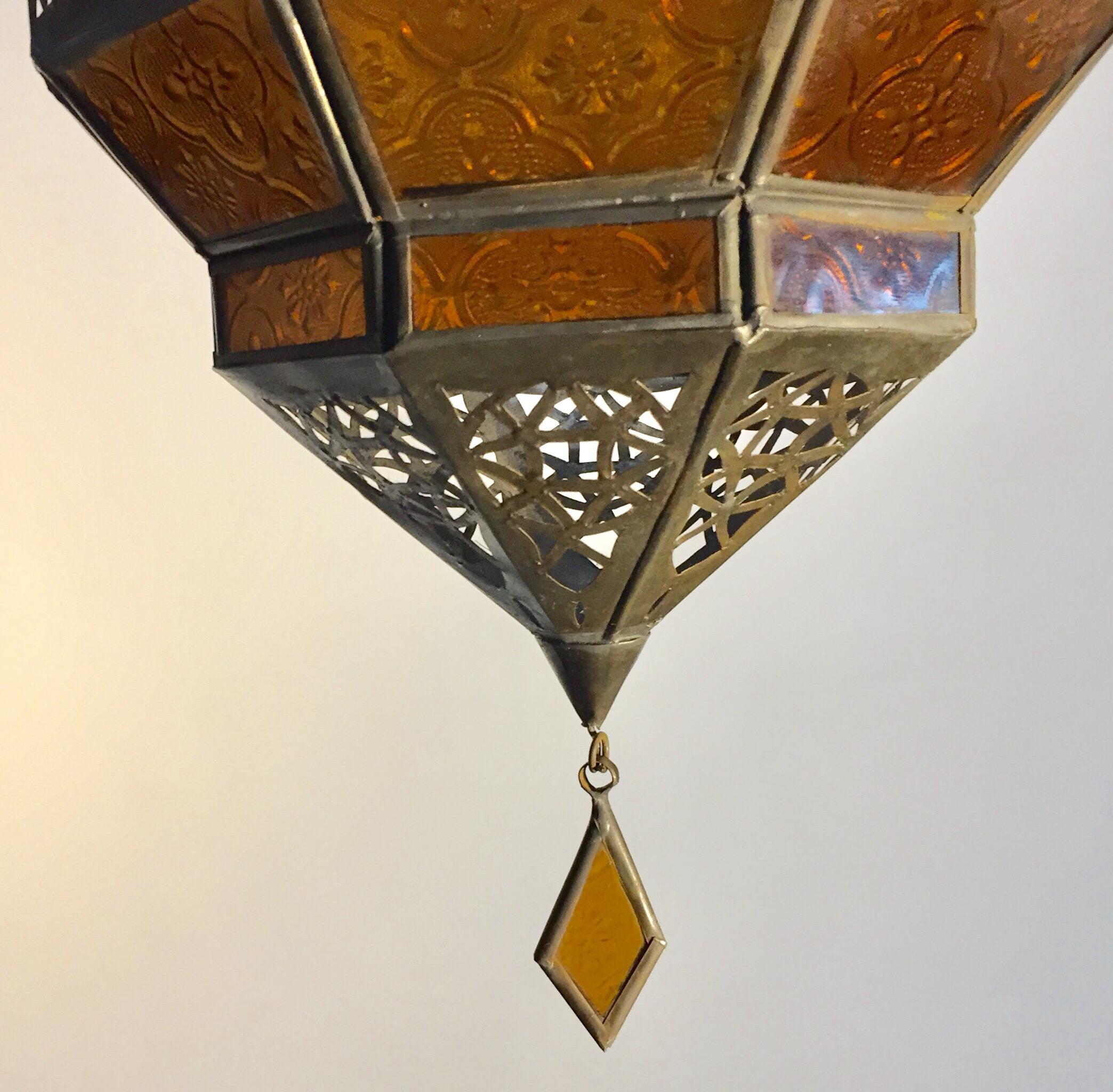 Moroccan Metal and Amber Glass Lantern, Octagonal Diamond Shape In Good Condition In North Hollywood, CA