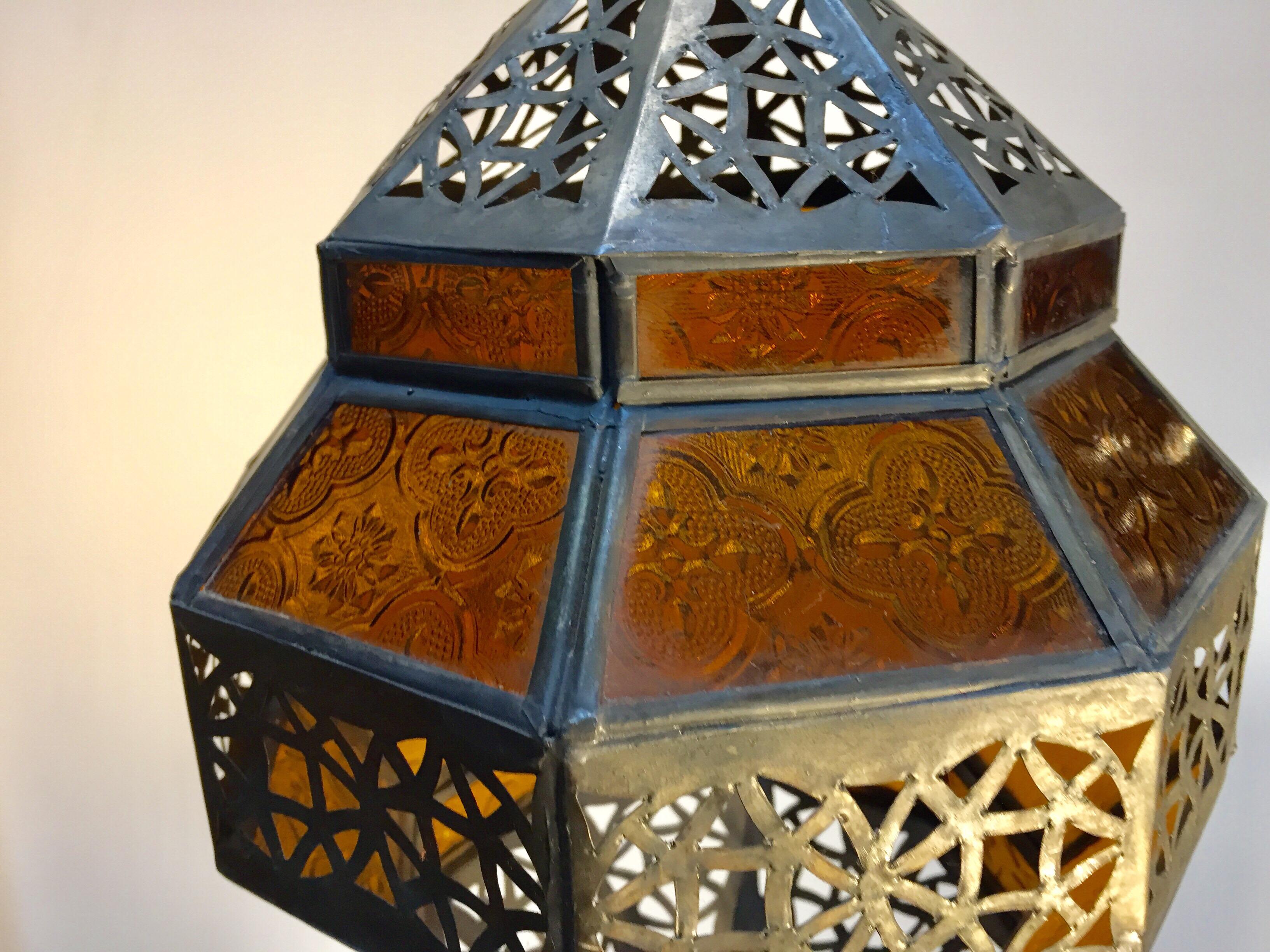 20th Century Moroccan Metal and Amber Glass Lantern, Octagonal Diamond Shape