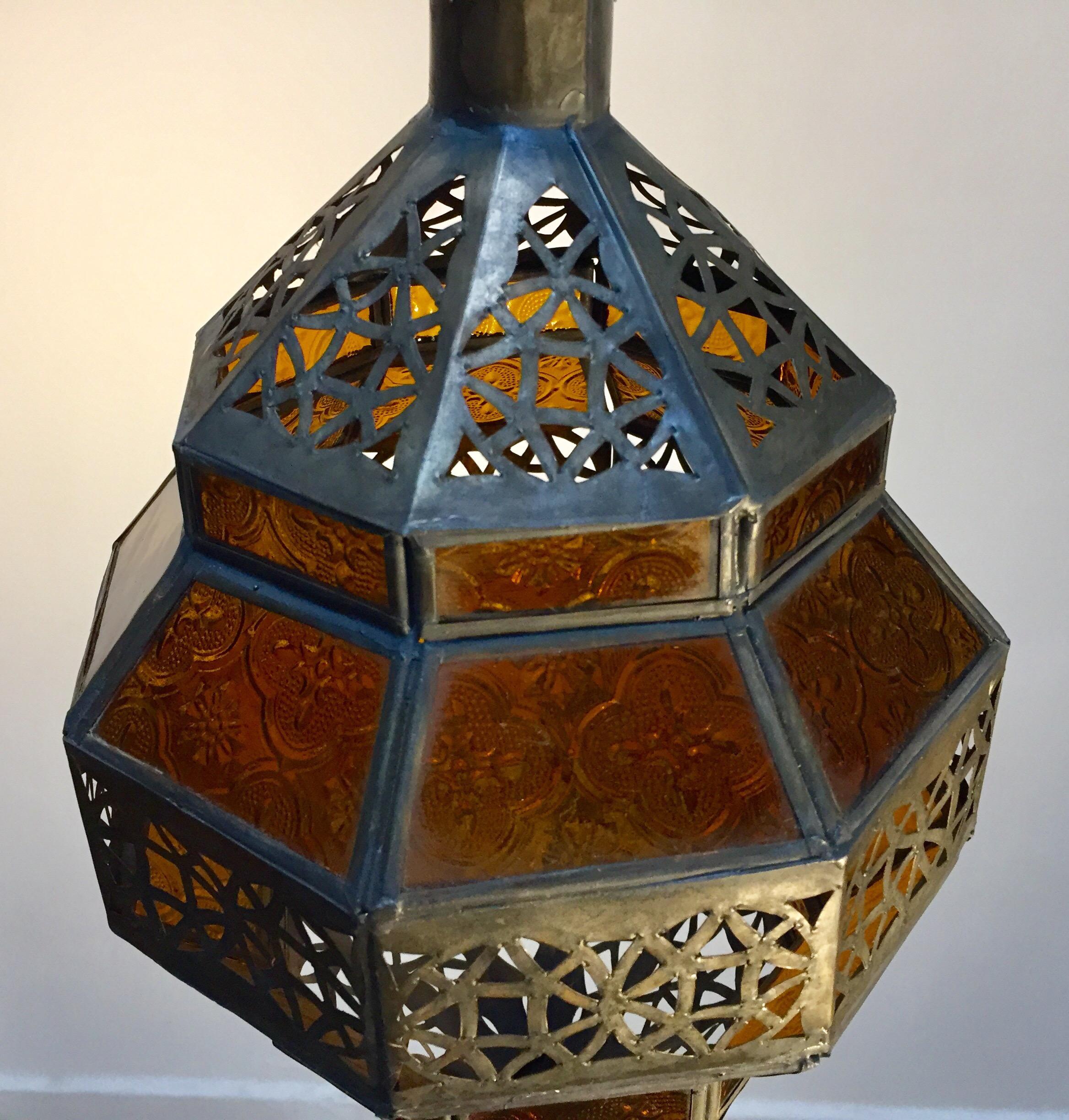 Moroccan Metal and Amber Glass Lantern, Octagonal Diamond Shape 1
