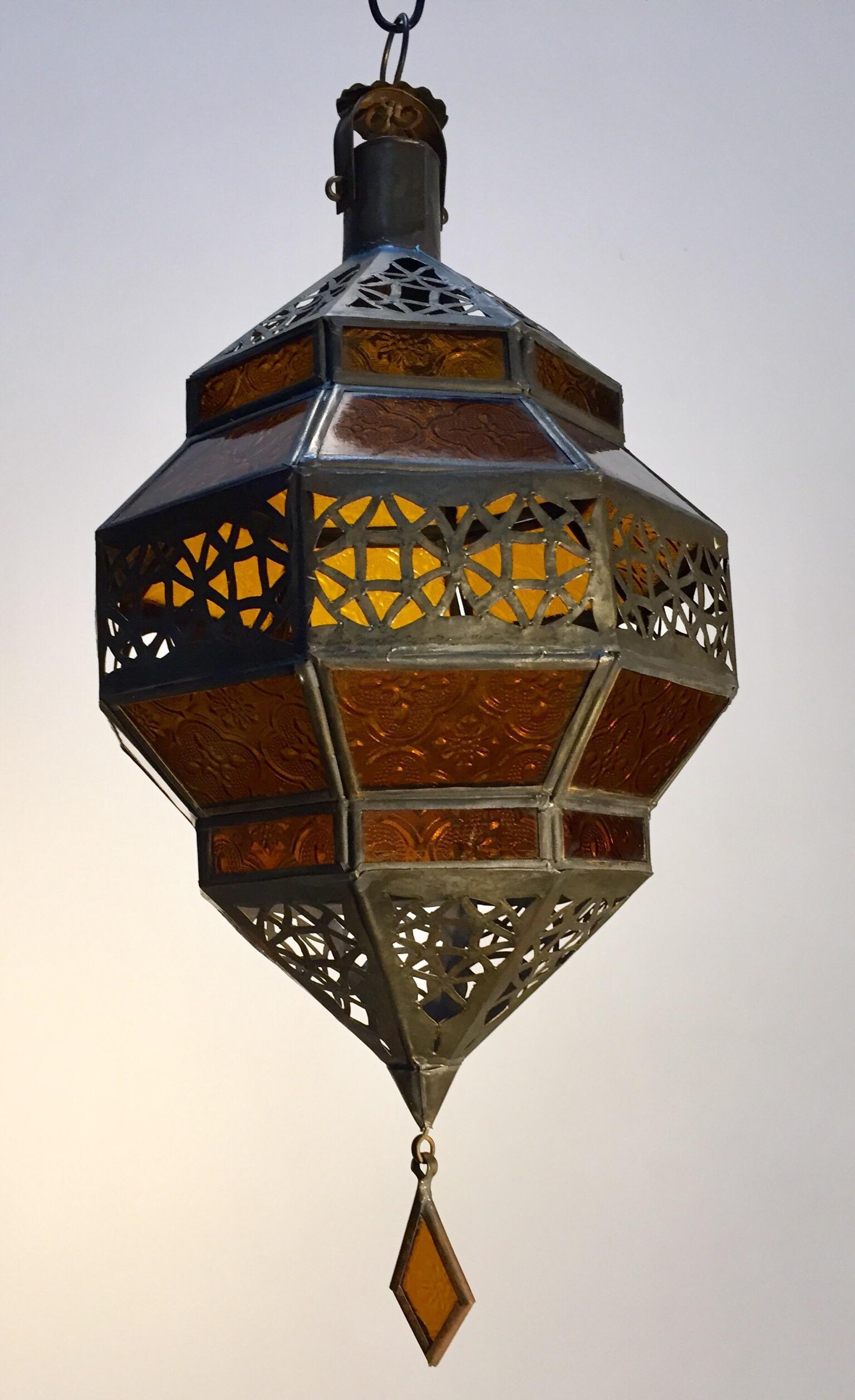 Moroccan Metal and Amber Glass Lantern, Octagonal Diamond Shape 2