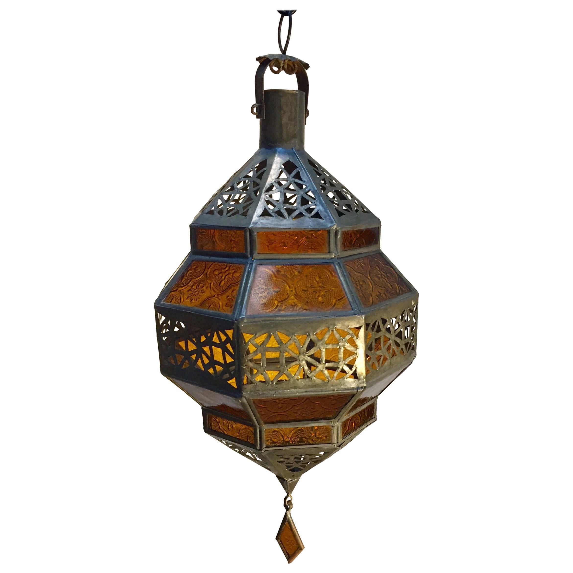 Moroccan Metal and Amber Glass Lantern, Octagonal Diamond Shape