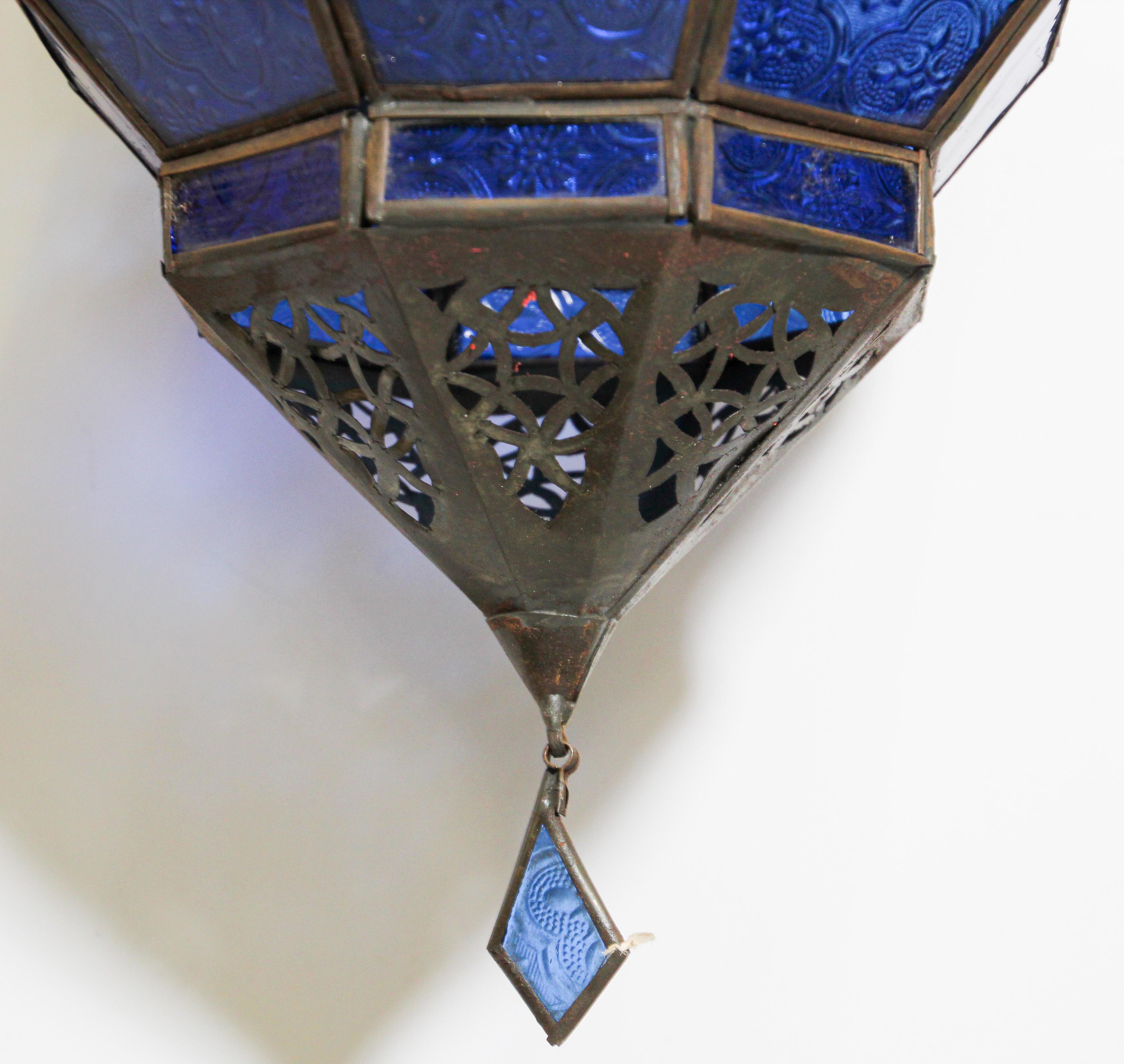 Cut Glass Handcrafted Moroccan Blue Glass Lantern, Metal Octagonal Diamond Shape For Sale