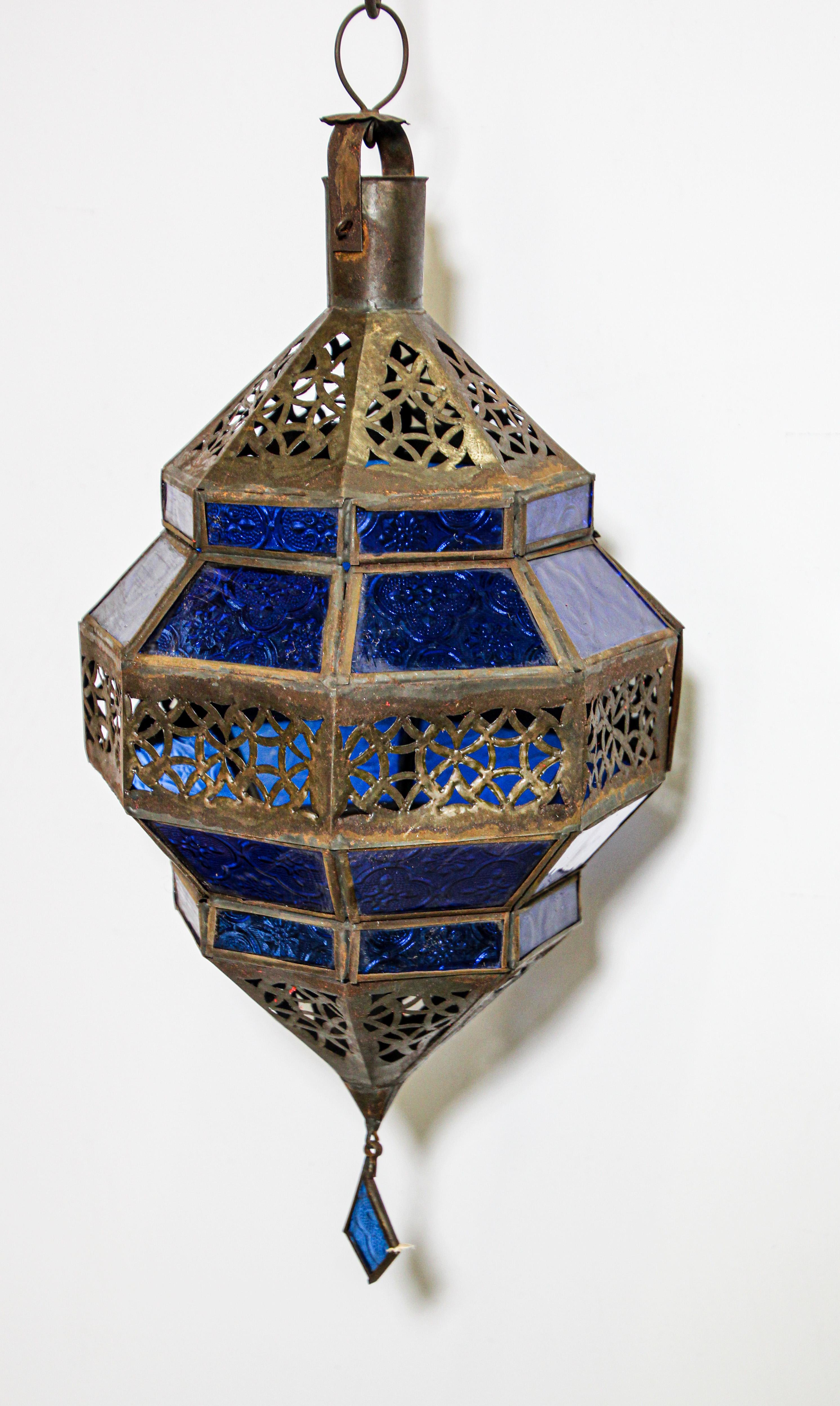 Moorish Handcrafted Moroccan Blue Glass Lantern, Metal Octagonal Diamond Shape For Sale