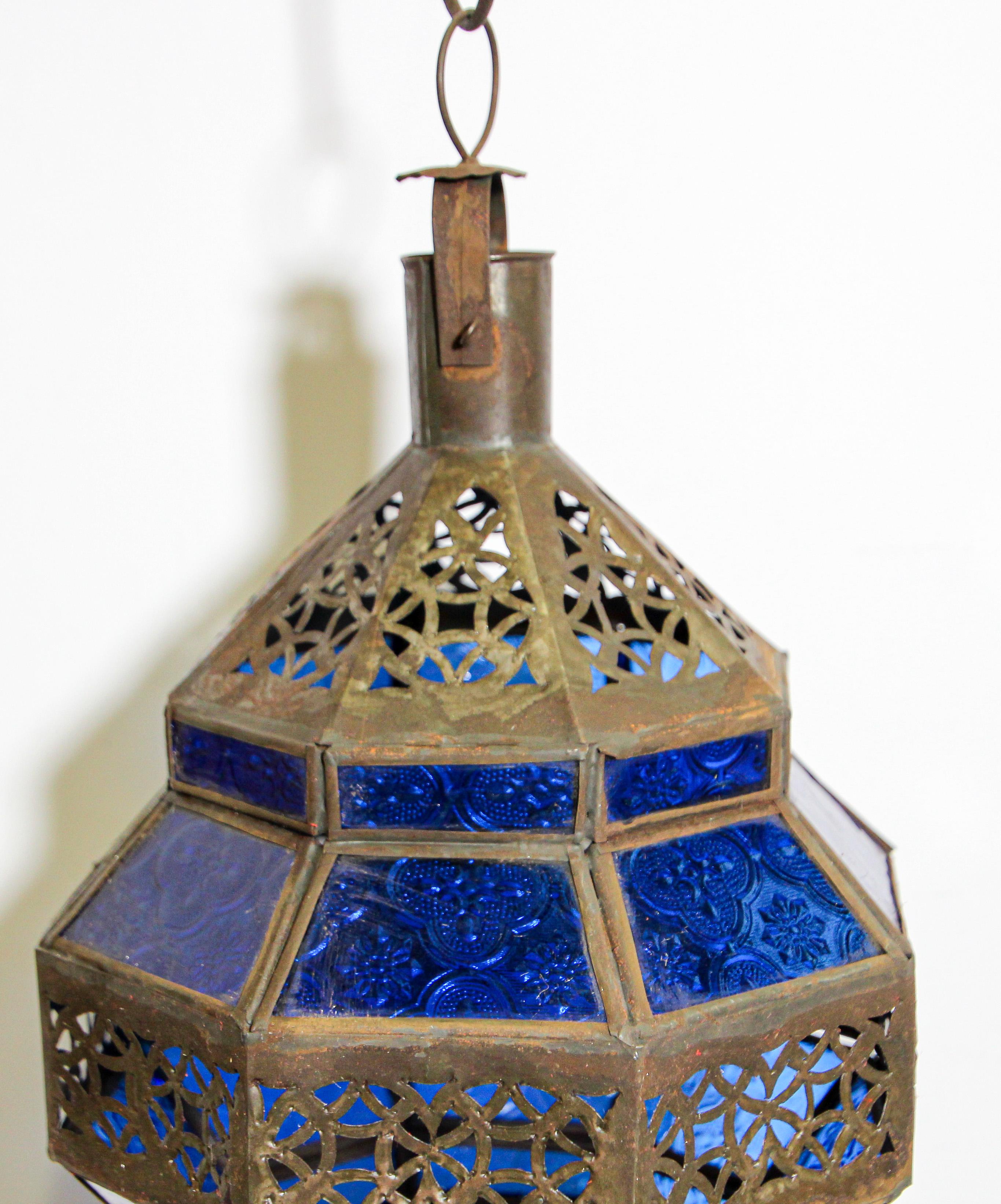 Hand-Crafted Handcrafted Moroccan Blue Glass Lantern, Metal Octagonal Diamond Shape For Sale