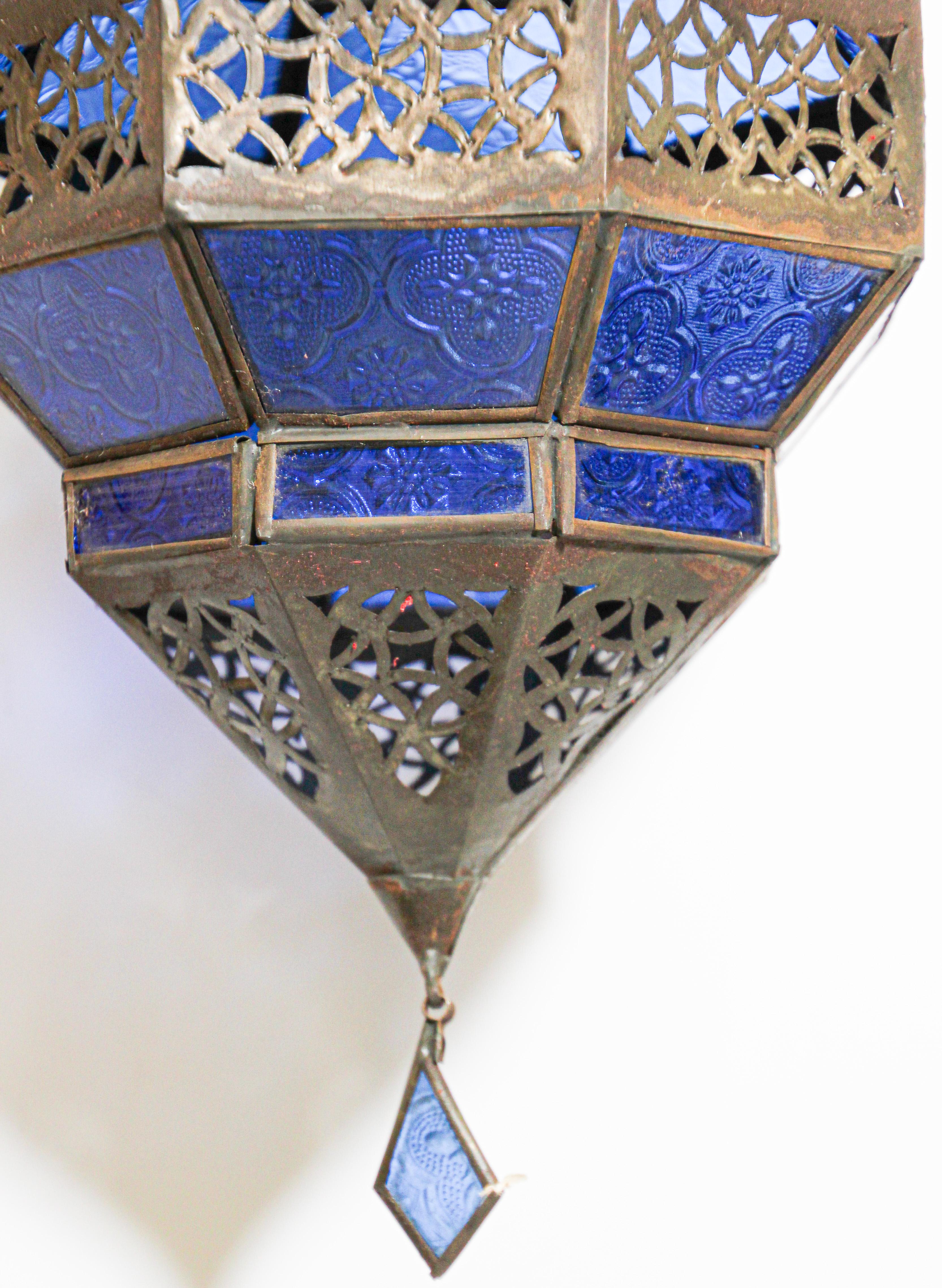 Handcrafted Moroccan Blue Glass Lantern, Metal Octagonal Diamond Shape In Good Condition For Sale In North Hollywood, CA